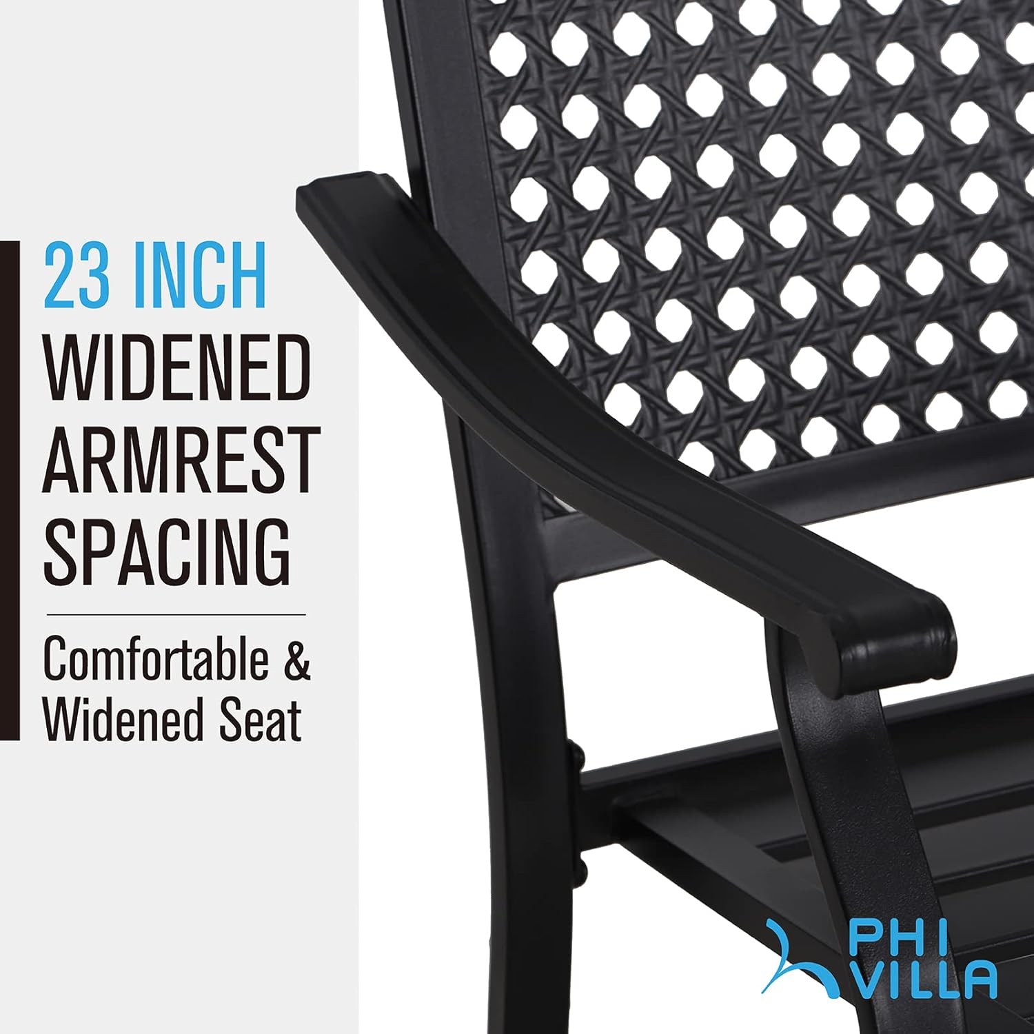 PHI VILLA Juego de 2 sillas de comedor resistentes de metal negro apilables para patio exterior, sillas de hierro forjado, juego de conversación,