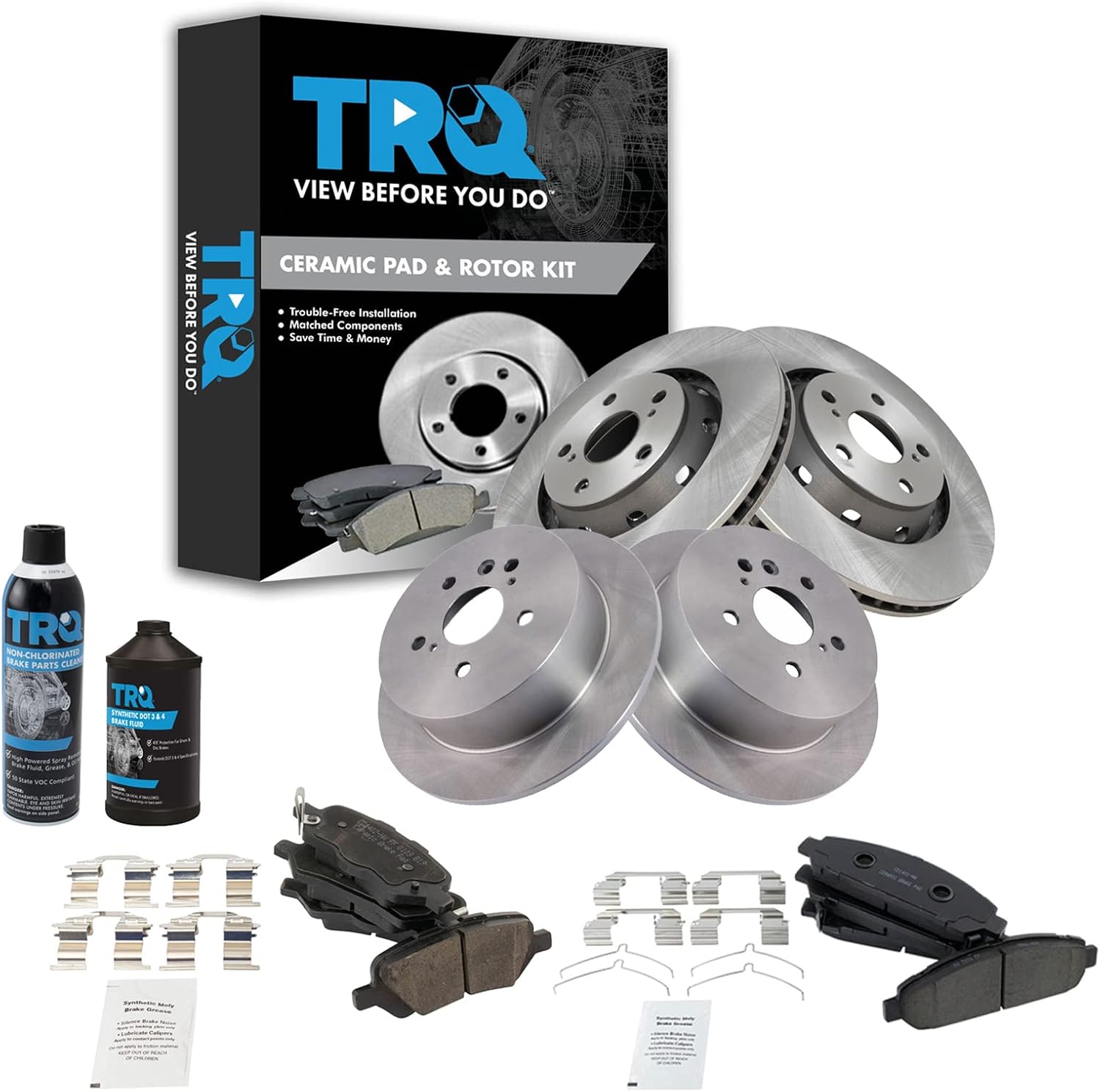 TRQ Pastilla de freno de cerámica delantera y trasera y kit de rotor delantero y trasero con líquidos compatibles con Toyota