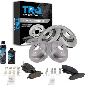 TRQ Pastilla de freno de cerámica delantera y trasera y kit de rotor delantero y trasero con líquidos compatibles con Toyota TRQ Pastilla de freno de cerámica delantera y trasera y kit de rotor delantero y trasero con líquidos compatibles con Toyota