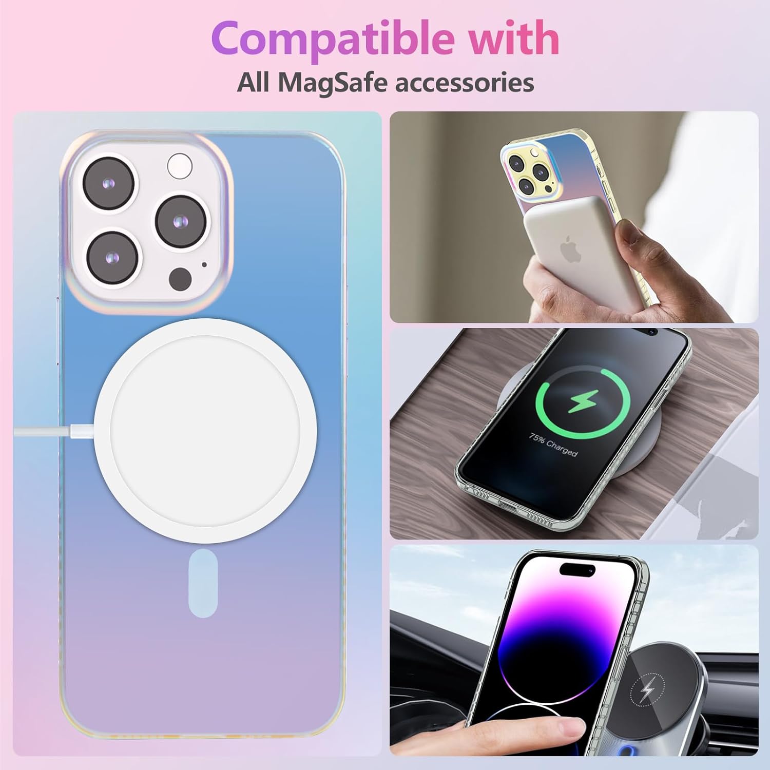 Dosanlues Funda magnética para iPhone 15 Pro holográfica iridiscente, compatible con Magsafe Funda protectora delgada translúcida mate para iPhone