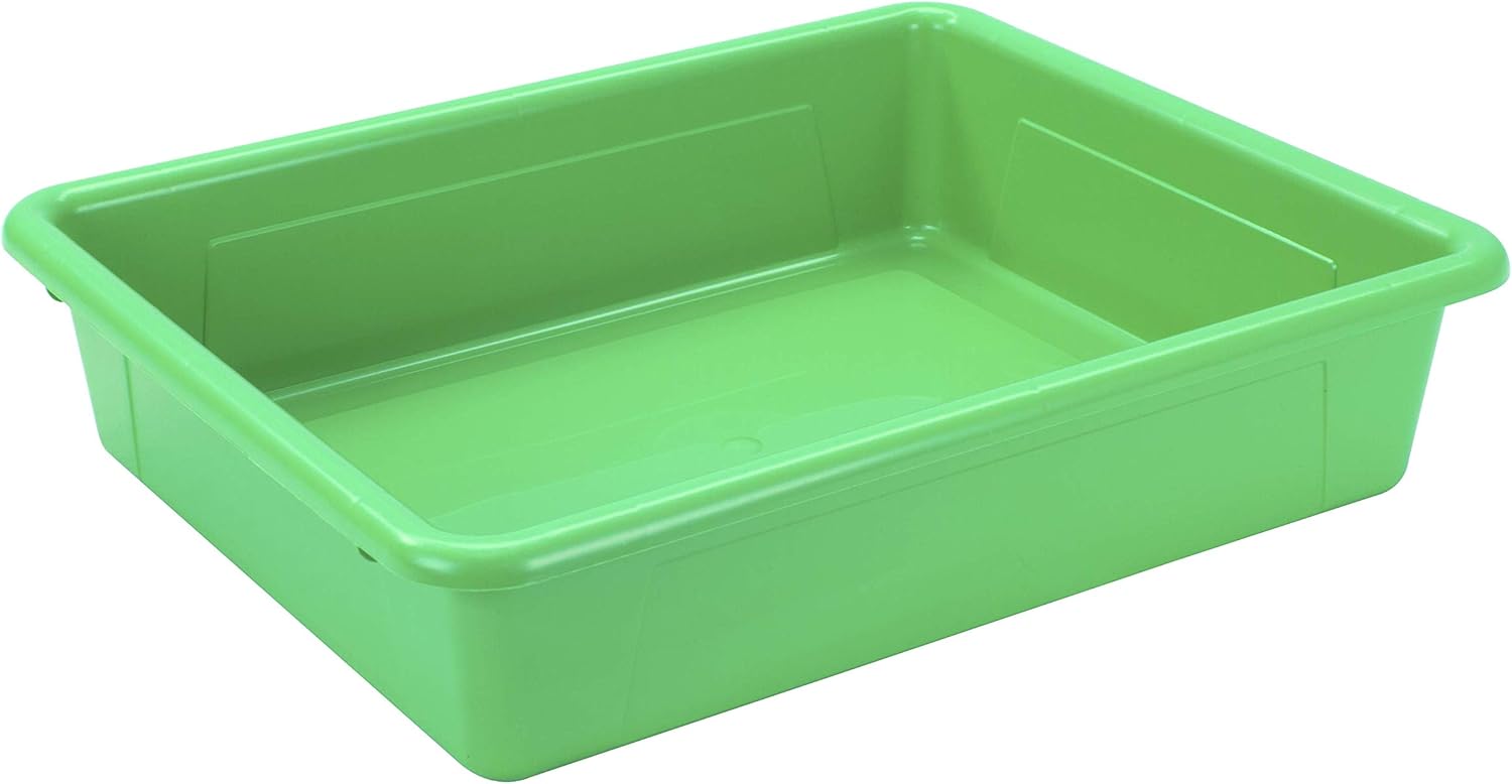 Storex Bandeja de almacenamiento plana tamaño carta, contenedor organizador con tapa sin broches para aula, oficina y hogar, verde, paquete de 5