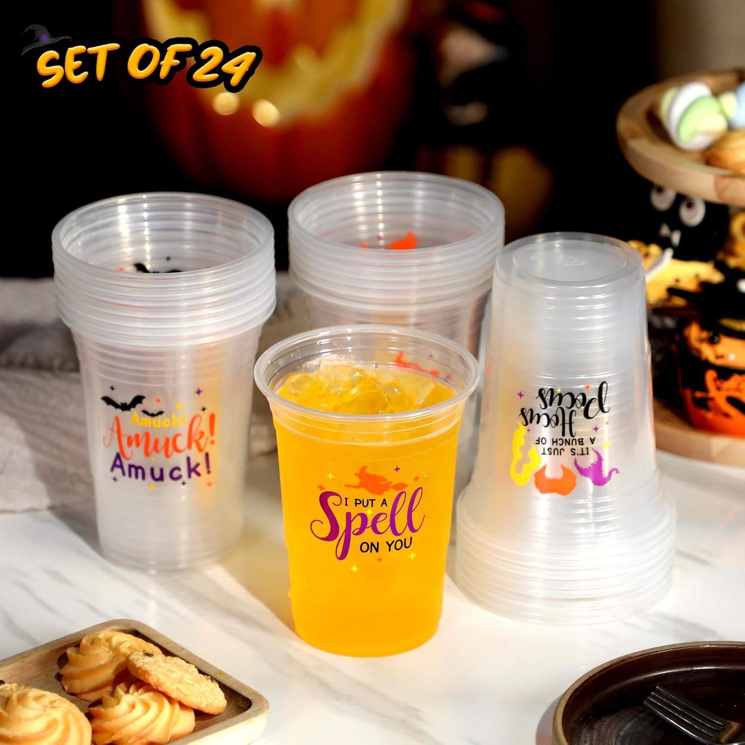 Nefelibata Vasos de plástico transparentes de 16 onzas para Halloween, reutilizables, para bebidas frías, juego de 24 vasos de película de