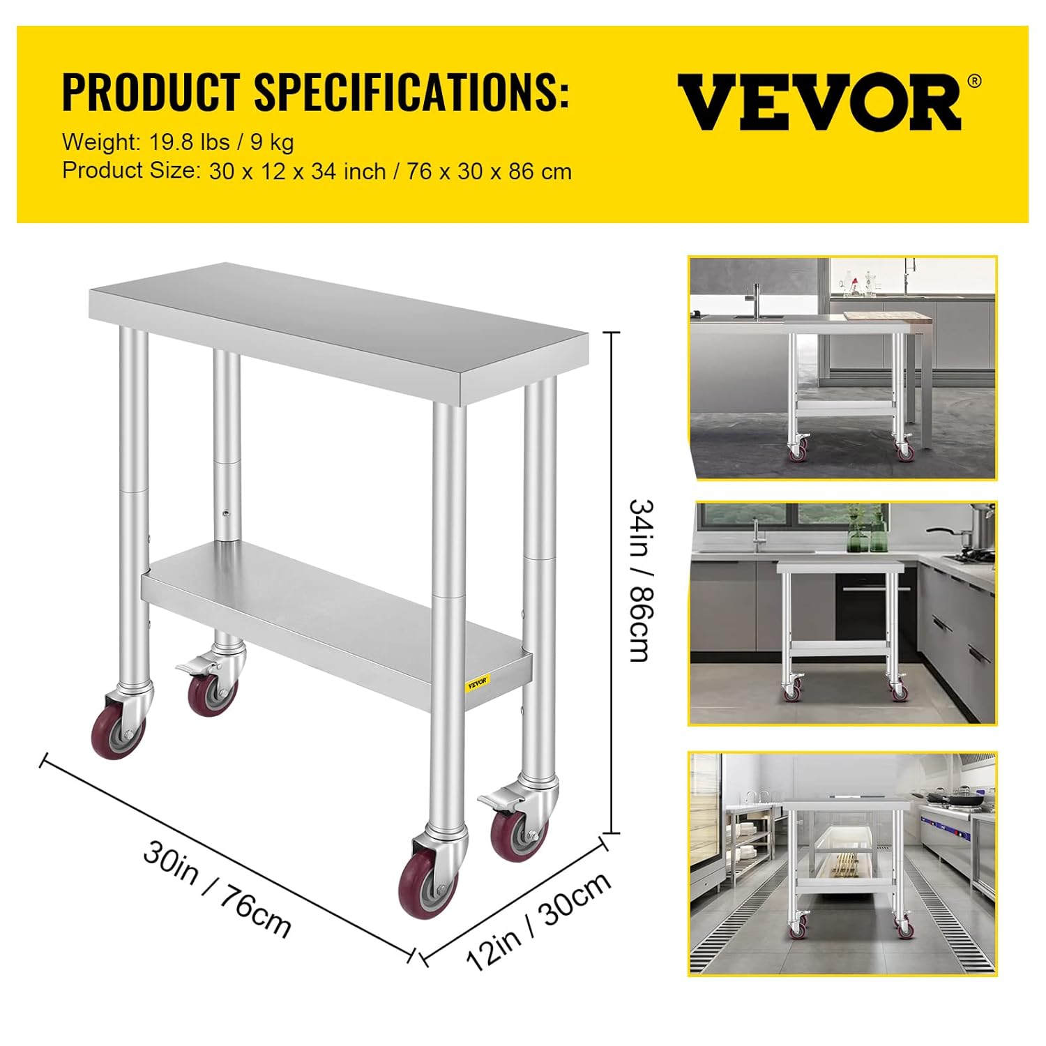 Vevor Mesa de trabajo de acero inoxidable de 30 x 12 x 34 pulgadas, estante ajustable de 3 etapas con 4 ruedas, mesa de trabajo de preparación de