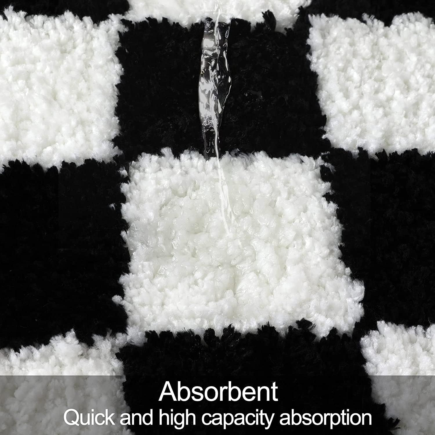 Uphome Alfombra de baño larga a cuadros en blanco y negro, antideslizante, absorbente de agua, alfombra de baño de microfibra suave, lavable a