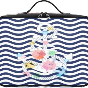 Ancla y flores onduladas de color azul marino a rayas con capacidad de viaje, bolsa de maquillaje de viaje, bolsa de maquillaje para mujer, bolsos Ancla y flores onduladas de color azul marino a rayas con capacidad de viaje, bolsa de maquillaje de viaje, bolsa de maquillaje para mujer, bolsos
