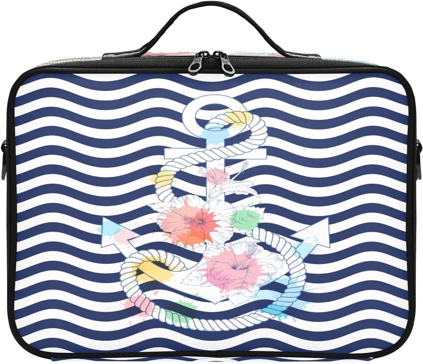 Ancla y flores onduladas de color azul marino a rayas con capacidad de viaje, bolsa de maquillaje de viaje, bolsa de maquillaje para mujer, bolsos