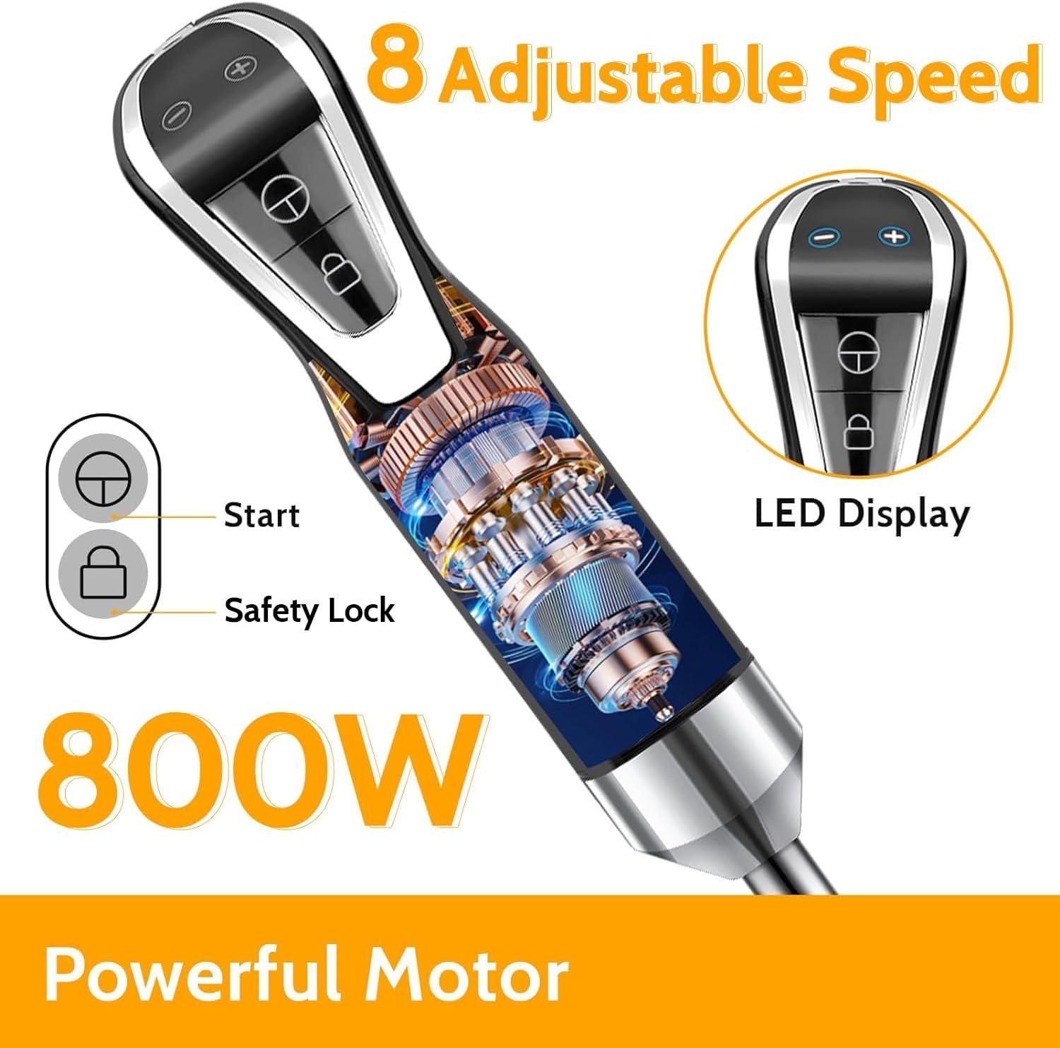 LINKChef Batidora de inmersión 4 en 1 de mano de 800 W, batidora de mano de 8 velocidades con batidor para cocina, resistente a los arañazos,