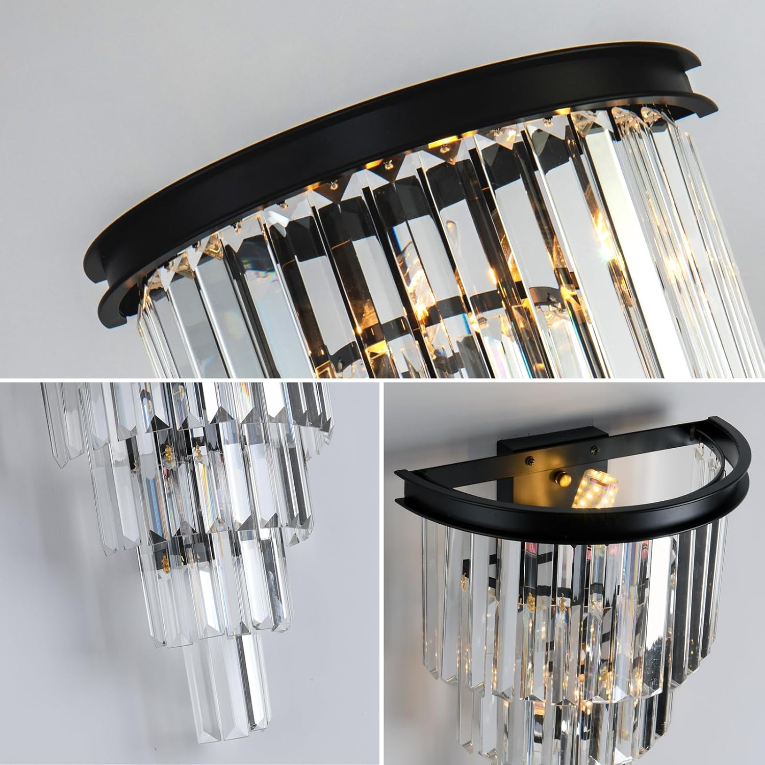 DOYFDOX Aplique de pared de cristal negro, moderno K9 de 4 niveles, lámpara de pared de cristal transparente para sala de estar, dormitorio, espejo,