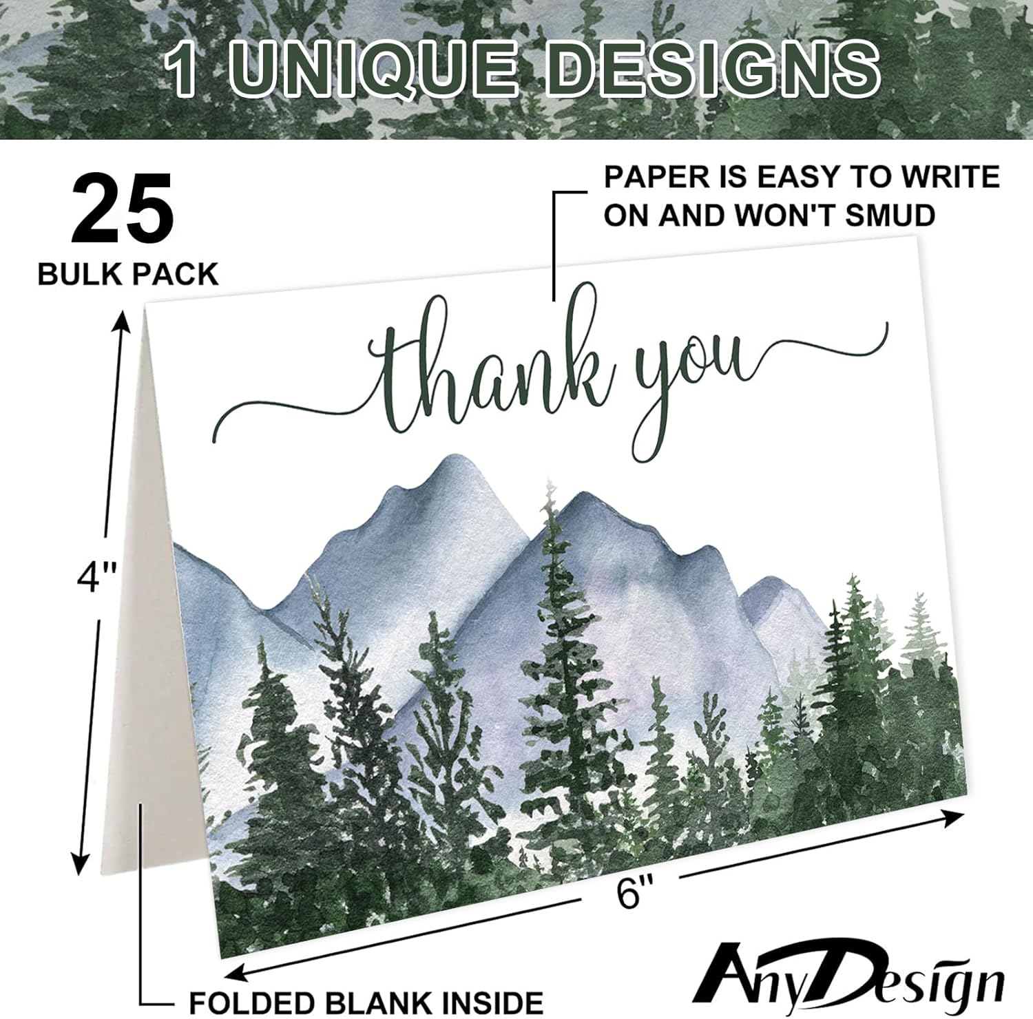 AnyDesign – 25 tarjetas de felicitación de bosque de acuarela, tarjetas de agradecimiento con sobres y calcomanías adhesivas, tarjeta de regalo en