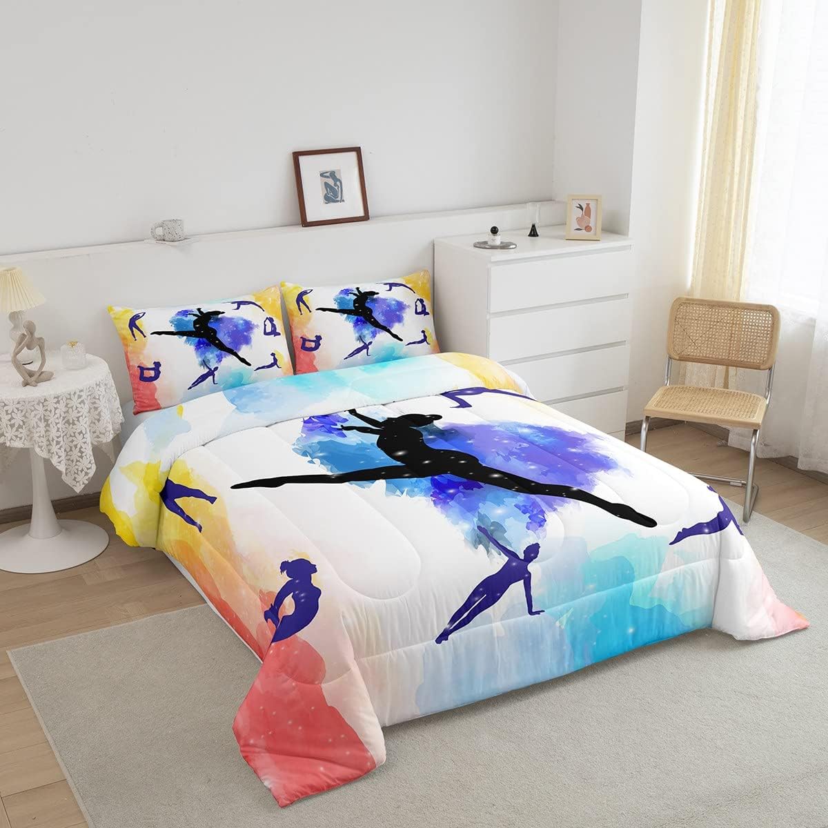 Juego de ropa de cama de gimnasia para niñas, juego de edredón de bailarines de gimnasta, tamaño individual, edredón de plumón de regalo de gimnasia