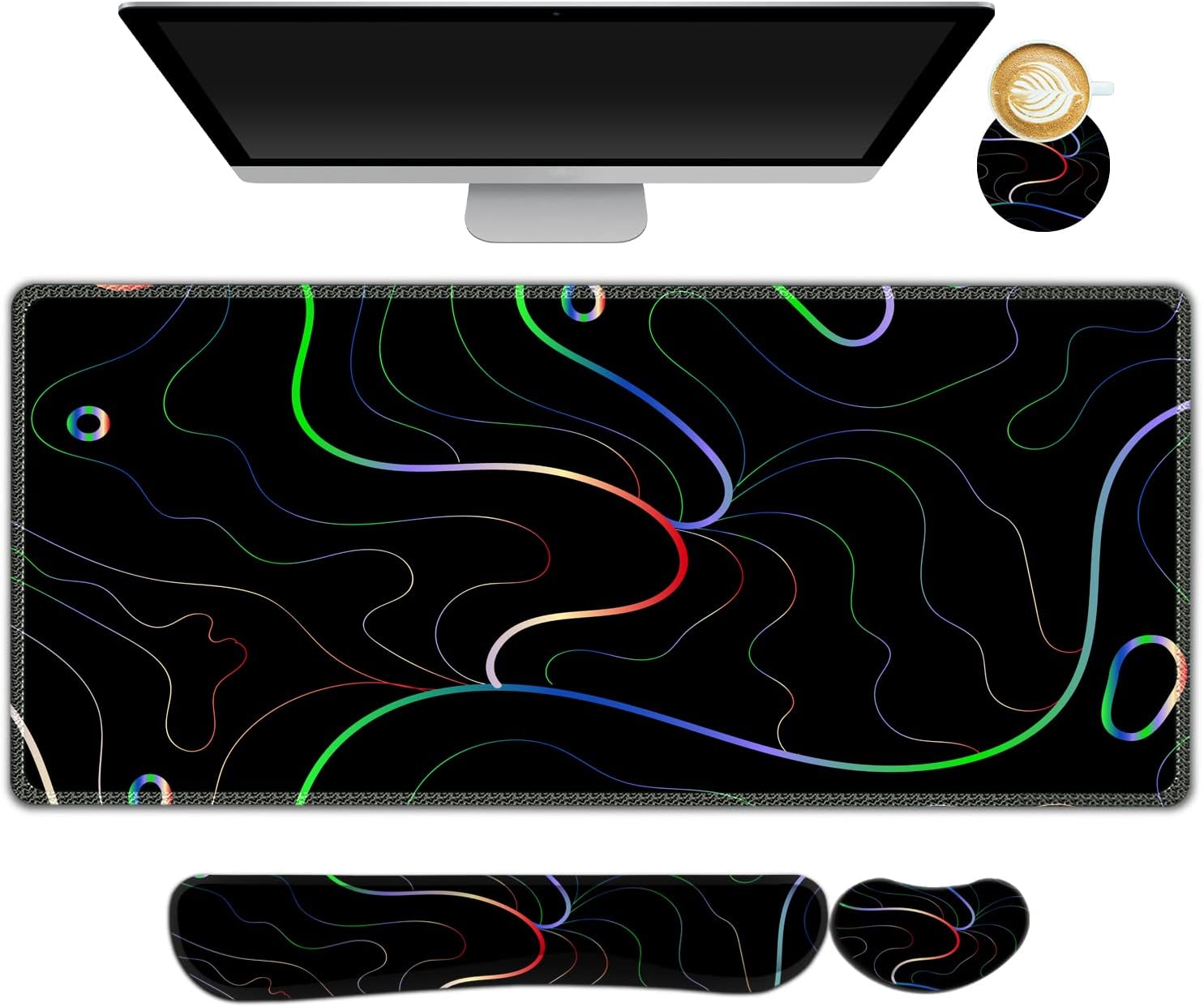 ARTSO Juego de soporte de muñeca para videojuegos, alfombrilla de escritorio grande XXL + soporte de muñeca para teclado + reposamuñecas para mouse
