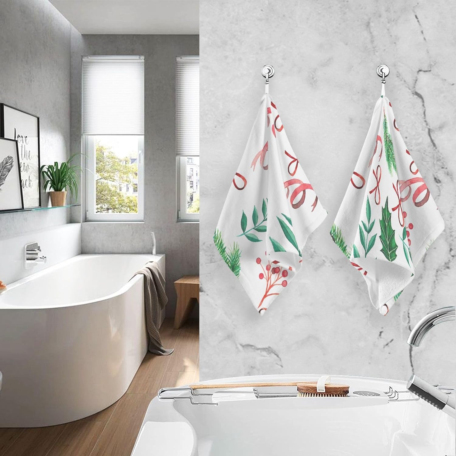 ZOEO Christmas Leaves and Berries Bath Hand Towels 2 Pcs Absorbent Face Towel Soft Breathable Cotton Towel Set for Bathroom Kitchen Hotel Spa Decor