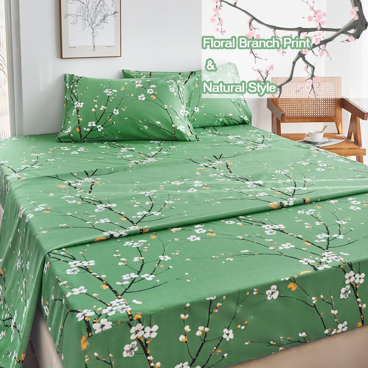 ZANBAST – Juego de sábanas de 4 piezas con estampado de flores verdes, estilo granja, se adapta fácilmente a sábanas de microfibra para todas las
