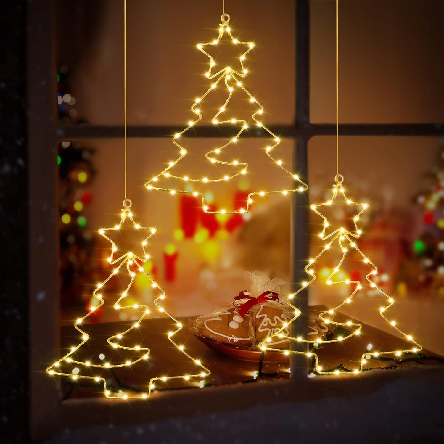 Raymall – 3 luces de ventana de Navidad, 55 LED alimentadas por pilas, luces de silueta de ventana de Navidad con temporizador, 8 modos de