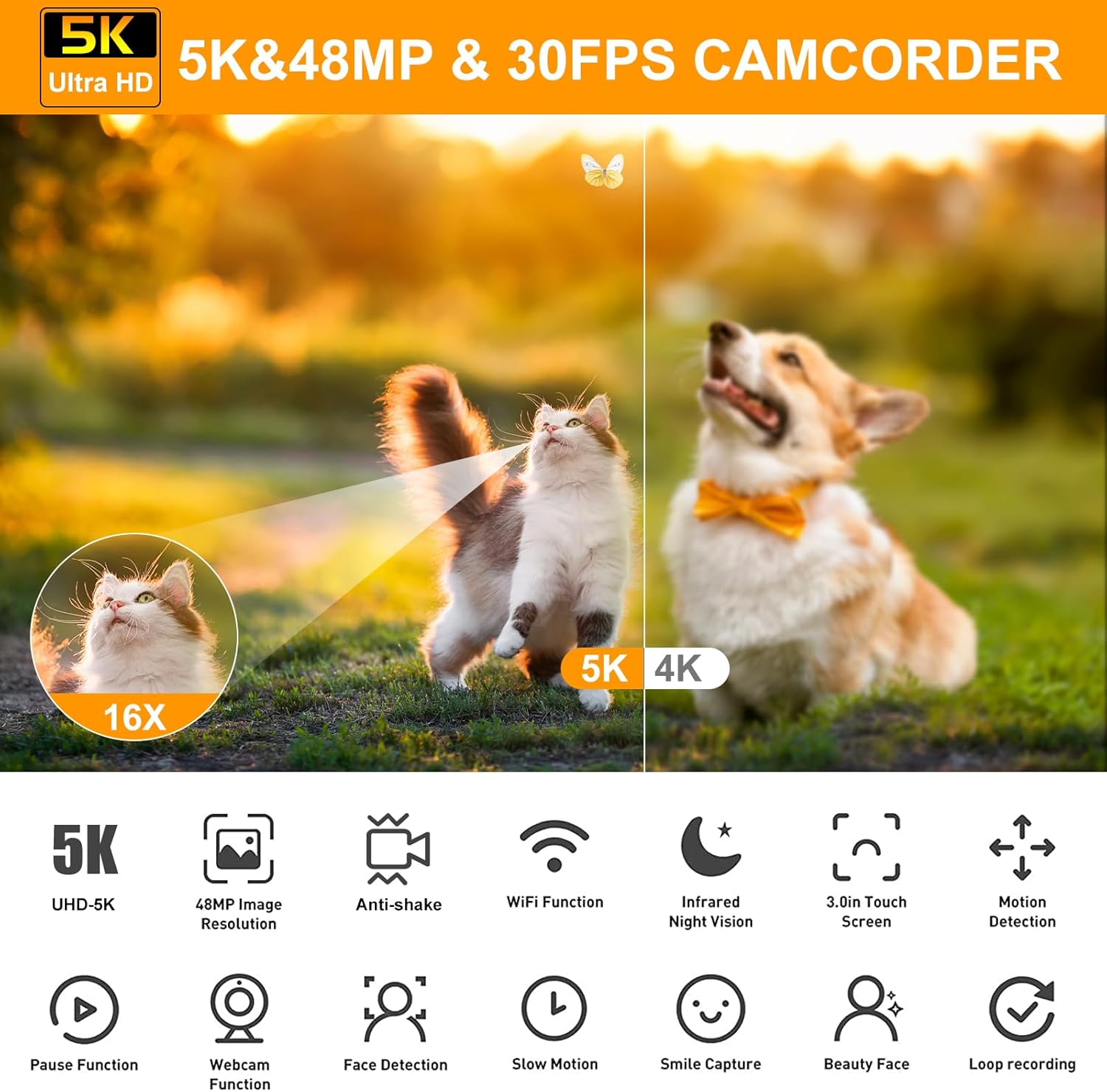 Cámara de video 5K 48MP UHD WiFi IR visión nocturna Vlogging Cámara para YouTube 16X Zoom digital 3 pulgadas Grabadora de cámara con micrófono,