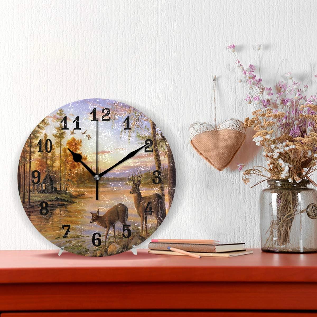 AUUXVA Reloj de pared con diseño de bosque, ciervo, árbol, río, silencioso, sin tictac, para cocina, sala de estar, dormitorio, hogar, obras de