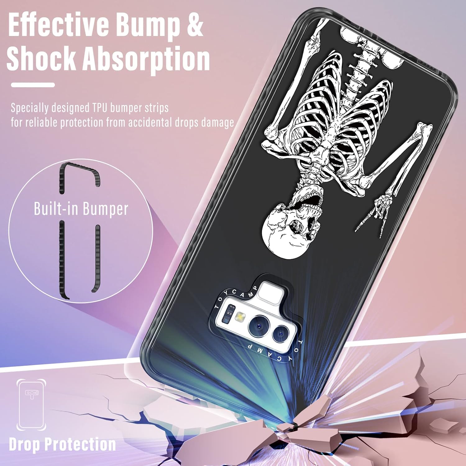 Toycamp Funda para Samsung Galaxy Note 9, divertido diseño de calavera y esqueleto para mujeres, niñas, niños y adolescentes, funda con estampado de