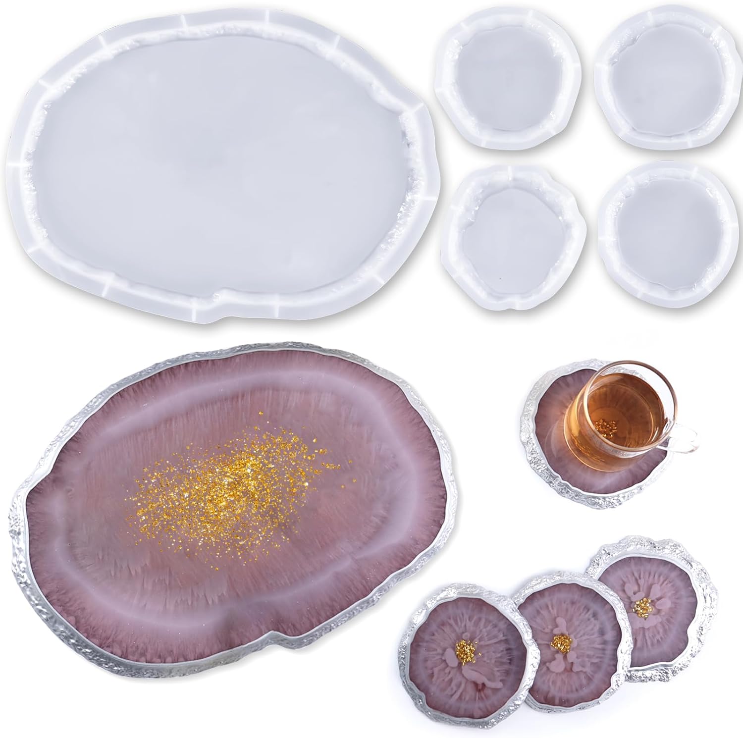 Moldes de bandeja de resina, moldes de bandeja de silicona grandes con 4 moldes de posavasos para resina epoxi, moldes de bandeja ovalada para