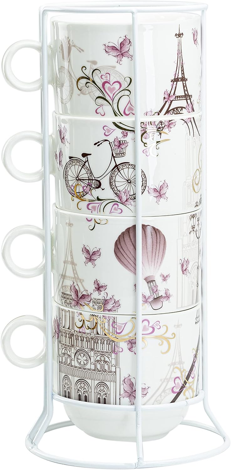 Juego de 4 tazas apilables de café y té de 10 onzas con soporte de metal blanco (Torre Eiffel de París, oro rosa)