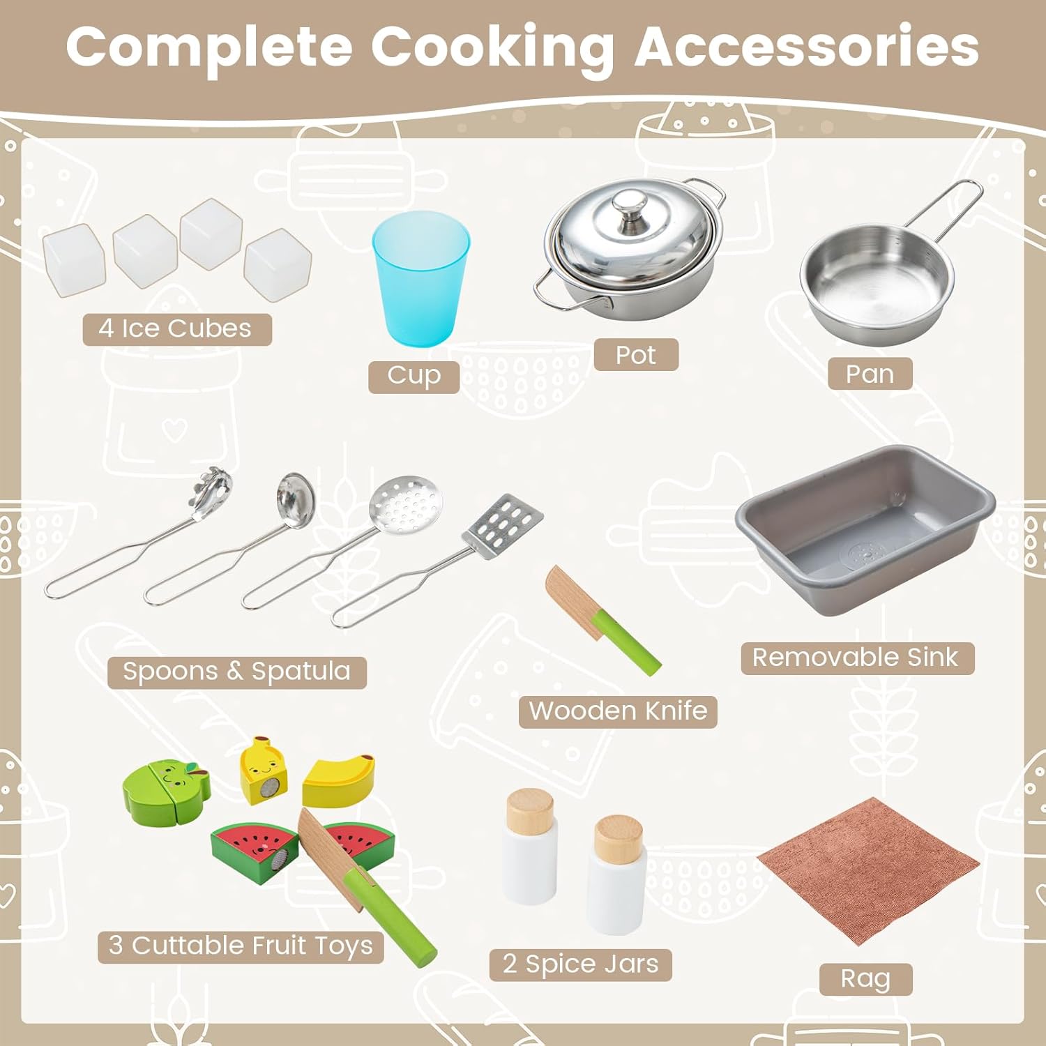 HONEY JOY Juego de cocina para niños, cocina de madera para niños pequeños, microondas, campana extractora, máquina de hielo, 18 accesorios de