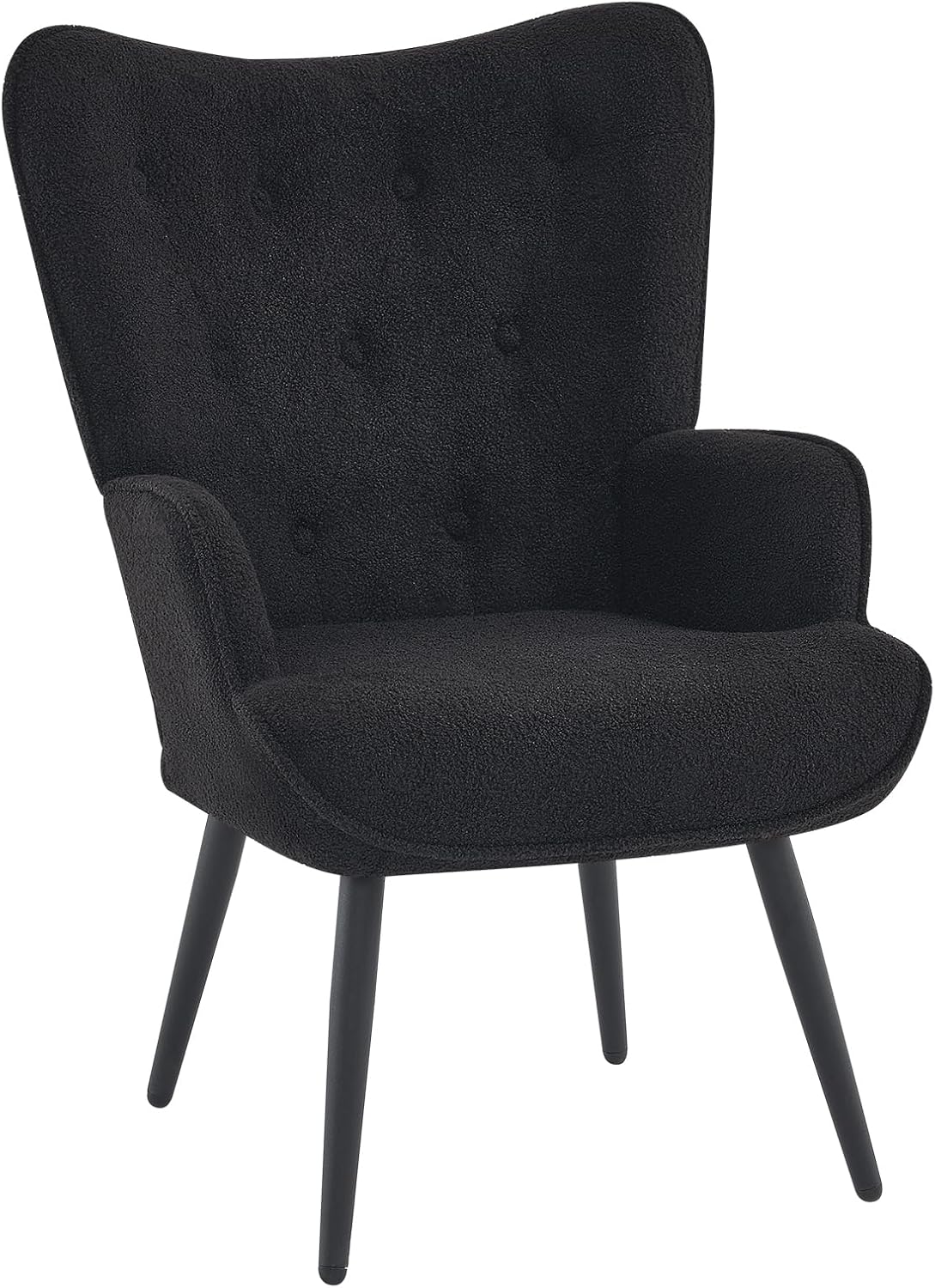 Furnimart Silla decorativa de piel sintética negra con respaldo de ala, silla moderna para sala de estar, cómoda silla de invitados para oficina,