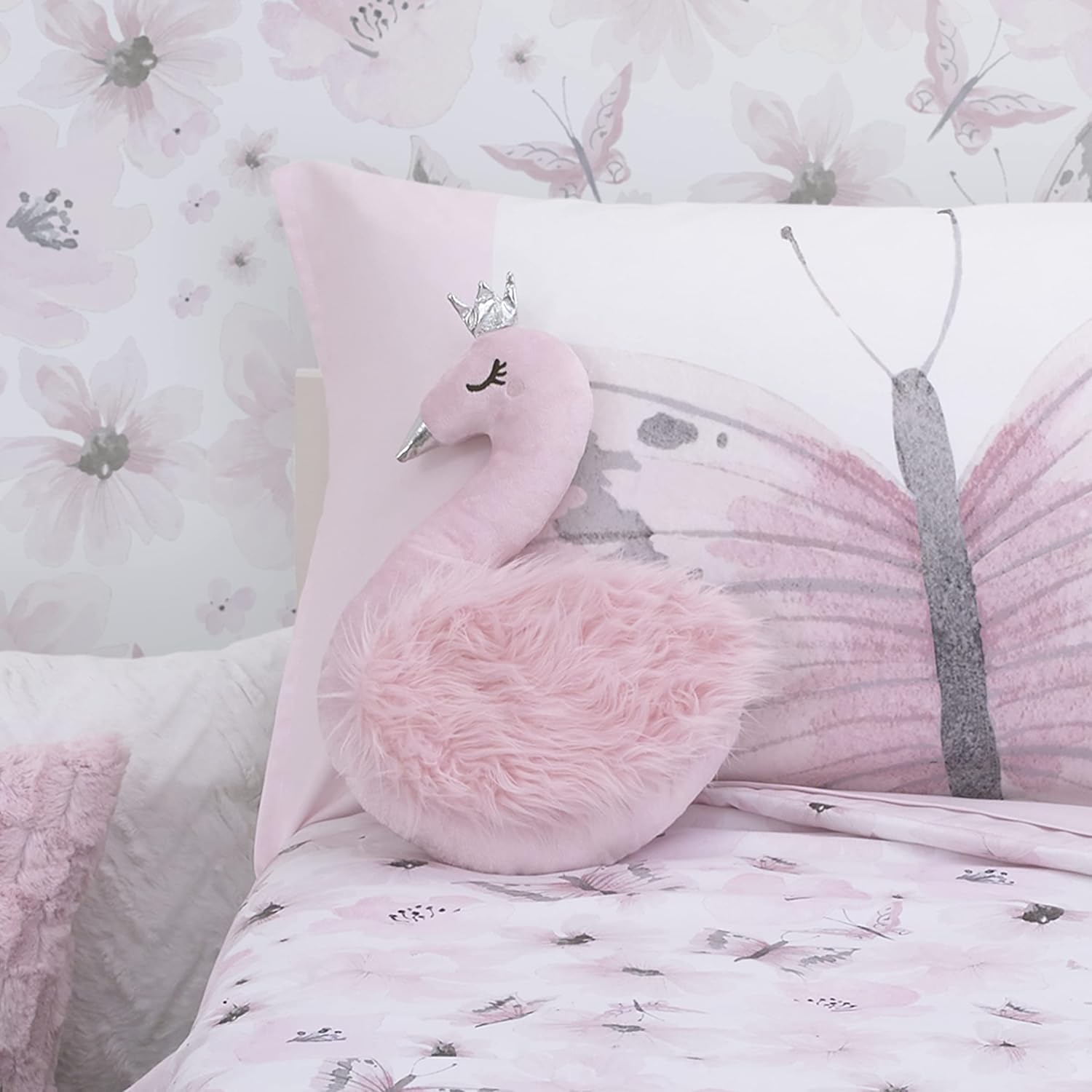 Everything Kids Almohada decorativa de cisne de felpa rosa con pico metálico plateado y corona, rosa, plata, 5345721P