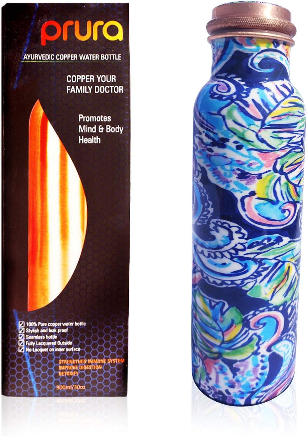 PRURA Botella de agua de cobre con estampado puro, a prueba de fugas, recipiente de cobre ayurvédico para deportes, gimnasio, aire libre, yoga,