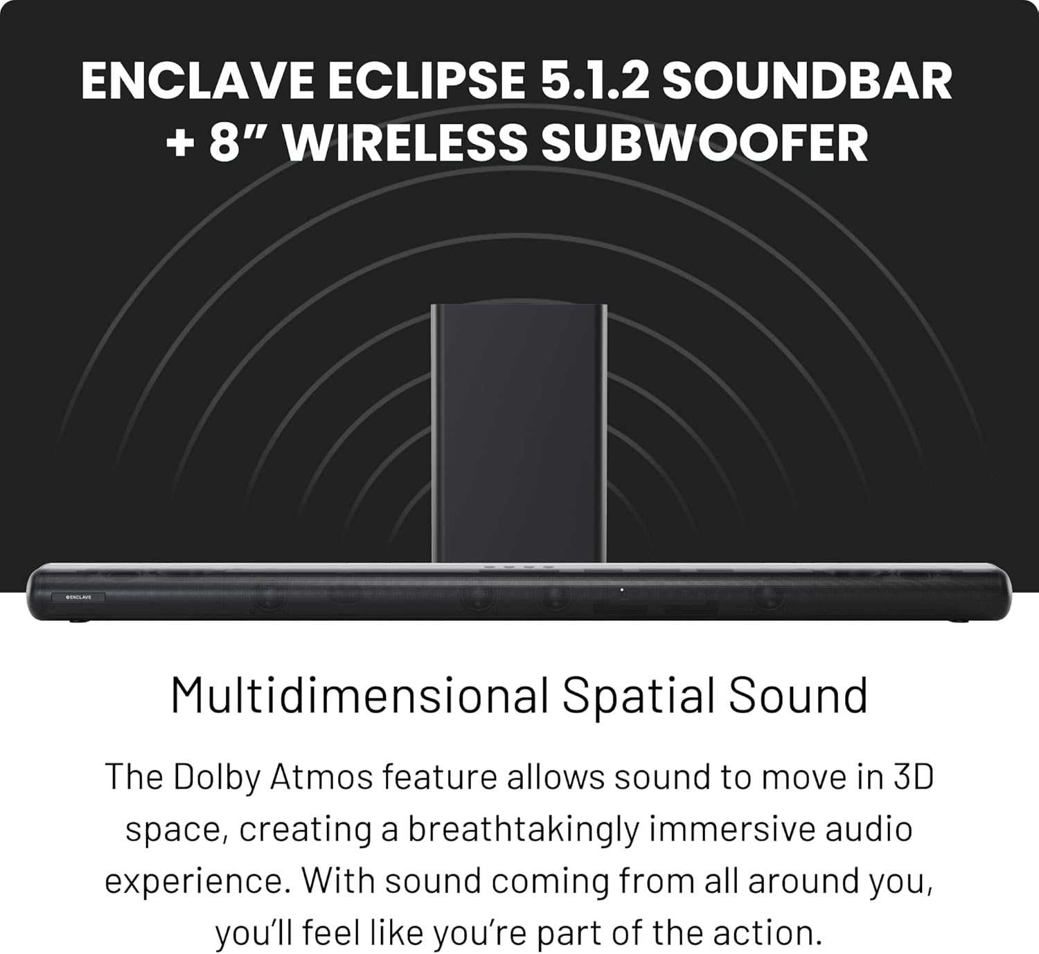 Enclave Eclipse 5.1.2 Dolby Atmos Barra de sonido con subwoofer inalámbrico de 8 pulgadas, incluye 11 controladores personalizados y subwoofer de 8