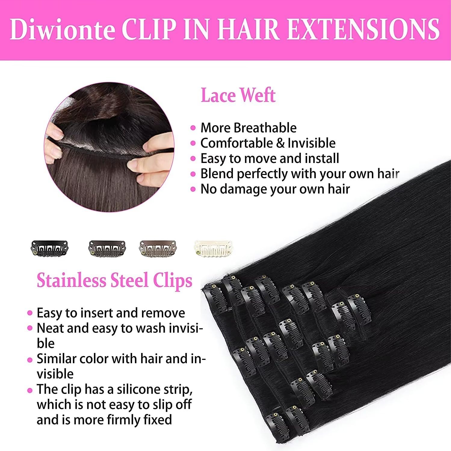 Extensiones de cabello humano real liso con clip, 100% cabello virgen brasileño sin procesar, extensiones de cabello con clip de doble trama para