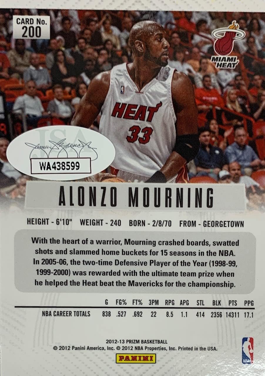 Alonzo Mourning 2012 Panini Prizm Basketball Signed Card #200 Auto JSA COA