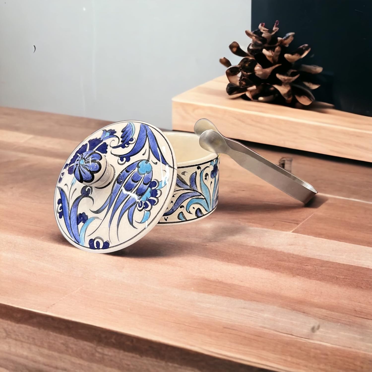 Azucarero turco con tapa, tulipán azul, tarro de azúcar, recipiente de cerámica para azúcar, pintado a mano, 5 onzas, tarro decorativo