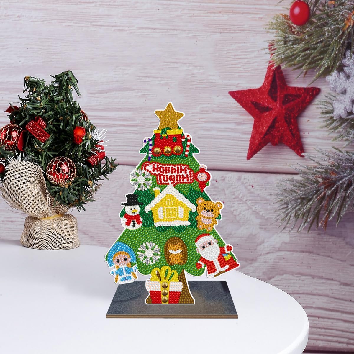 LUSandy Kit de adornos de pintura de diamantes de Navidad 5D, diamantes de imitación de cristal con forma especial de madera, lindo árbol de