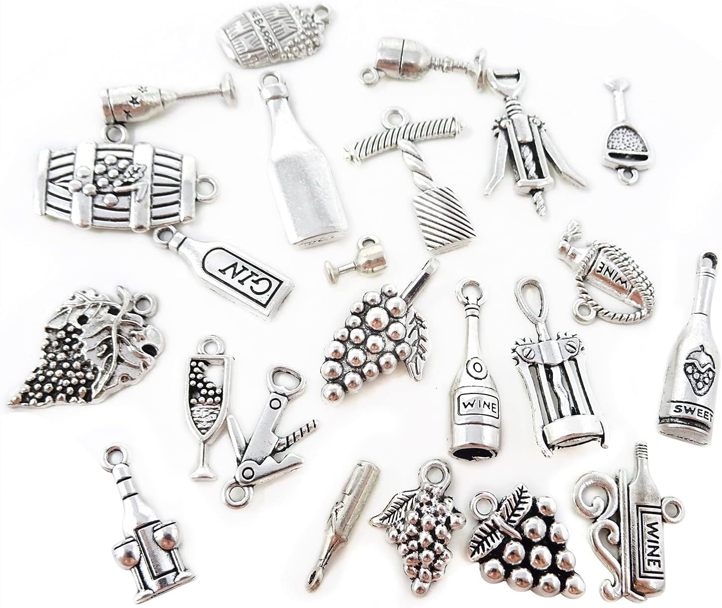 Honbay 46 dijes de metal con temática de vino, plata antigua, vino, uva, copa de cóctel, abridor de botellas de vino, dijes de barril para