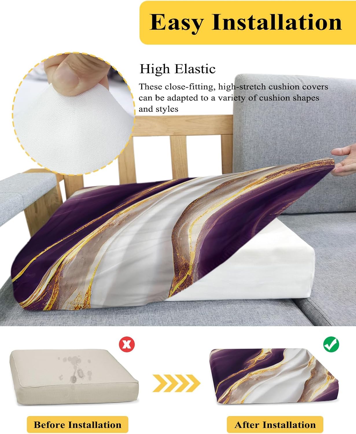 Fundas de cojín para sofá, diseño de mármol morado y dorado, textura de arte abstracto, elásticas para sofá, fundas protectoras de muebles para