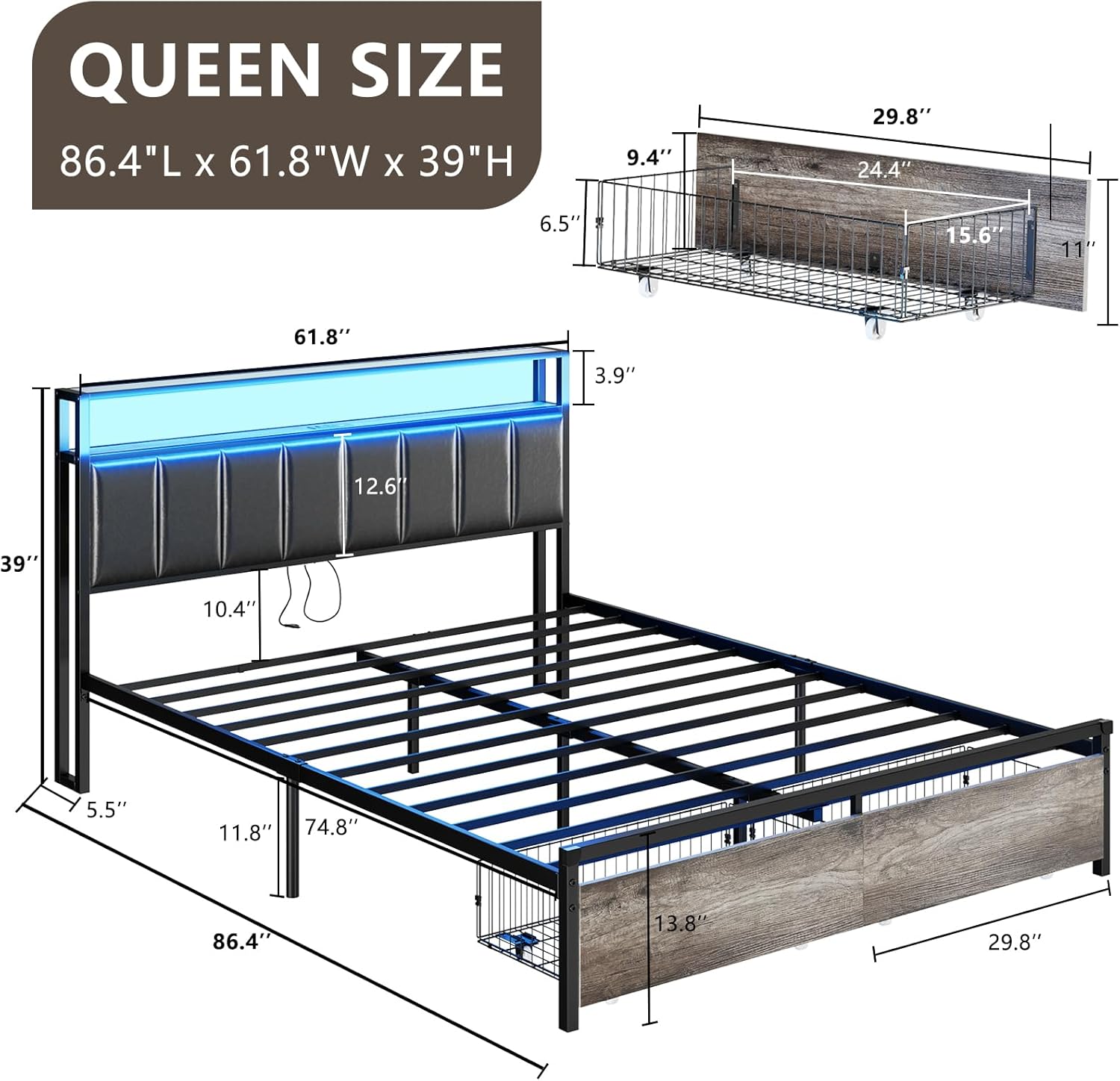 AMERLIFE Base de cama LED con cajones, base de cama de plataforma Queen con almacenamiento de 2 niveles y cabecera tapizada de cuero y estación de