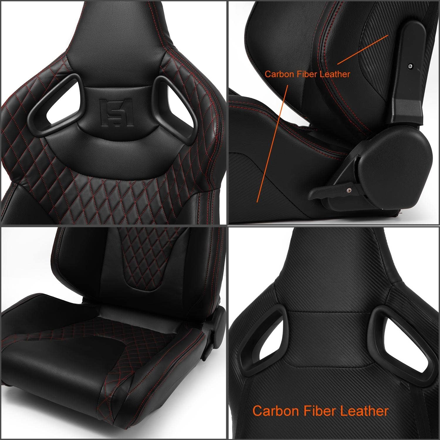 ModifyStreet Costura roja wCarbon Fiber Cuero PVC Reclinable C-Series Sport Racing Asientos WSlider IzquierdaDerecha