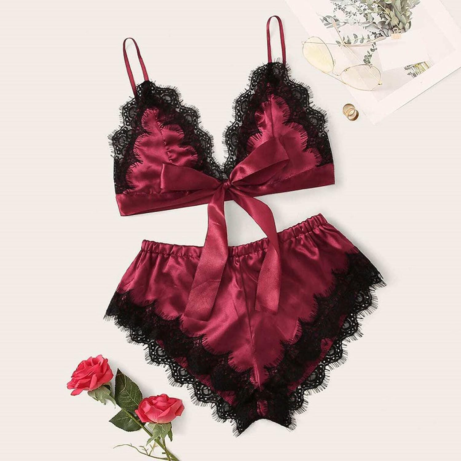 Conjunto de lencería de satén para mujer, 2 piezas, con ribete de encaje, lindo lazo, ropa de dormir exótica para noche romántica