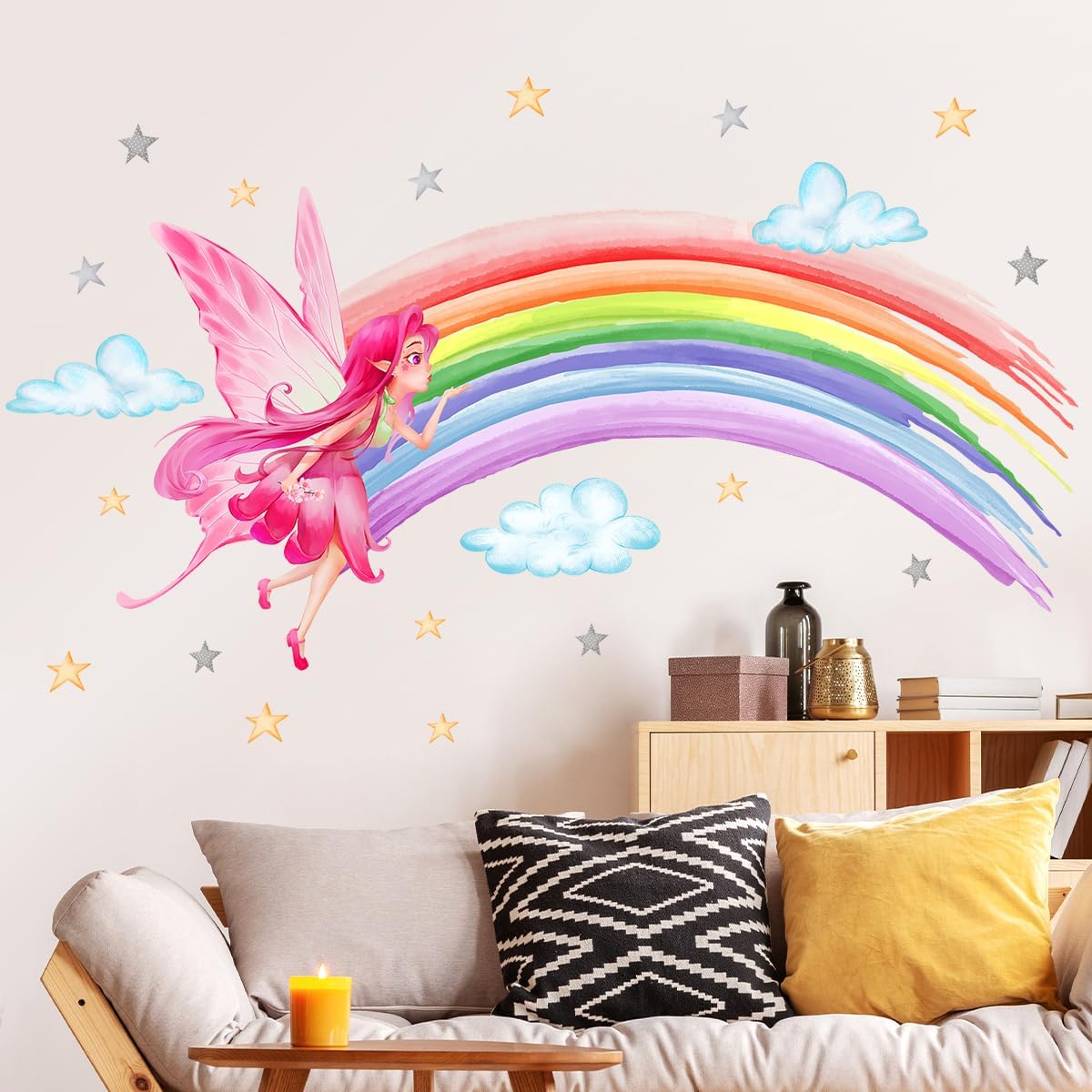Calcomanías de pared de acuarela arco iris, calcomanías de pared coloridas de nube de estrellas, calcomanías de pared de princesa de elfo rosa para