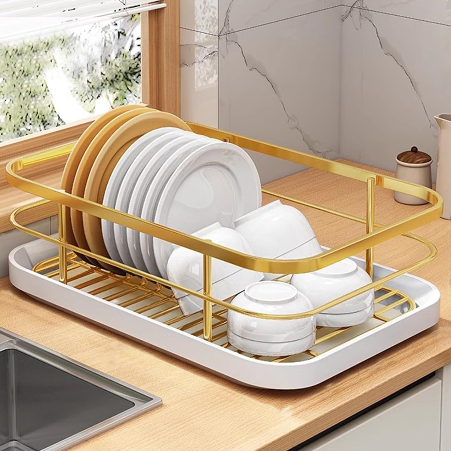 HM&DX Escurridor de platos para encimera de cocina, escurridor de platos de acero inoxidable con soporte para tazas, estante para platos que ahorra