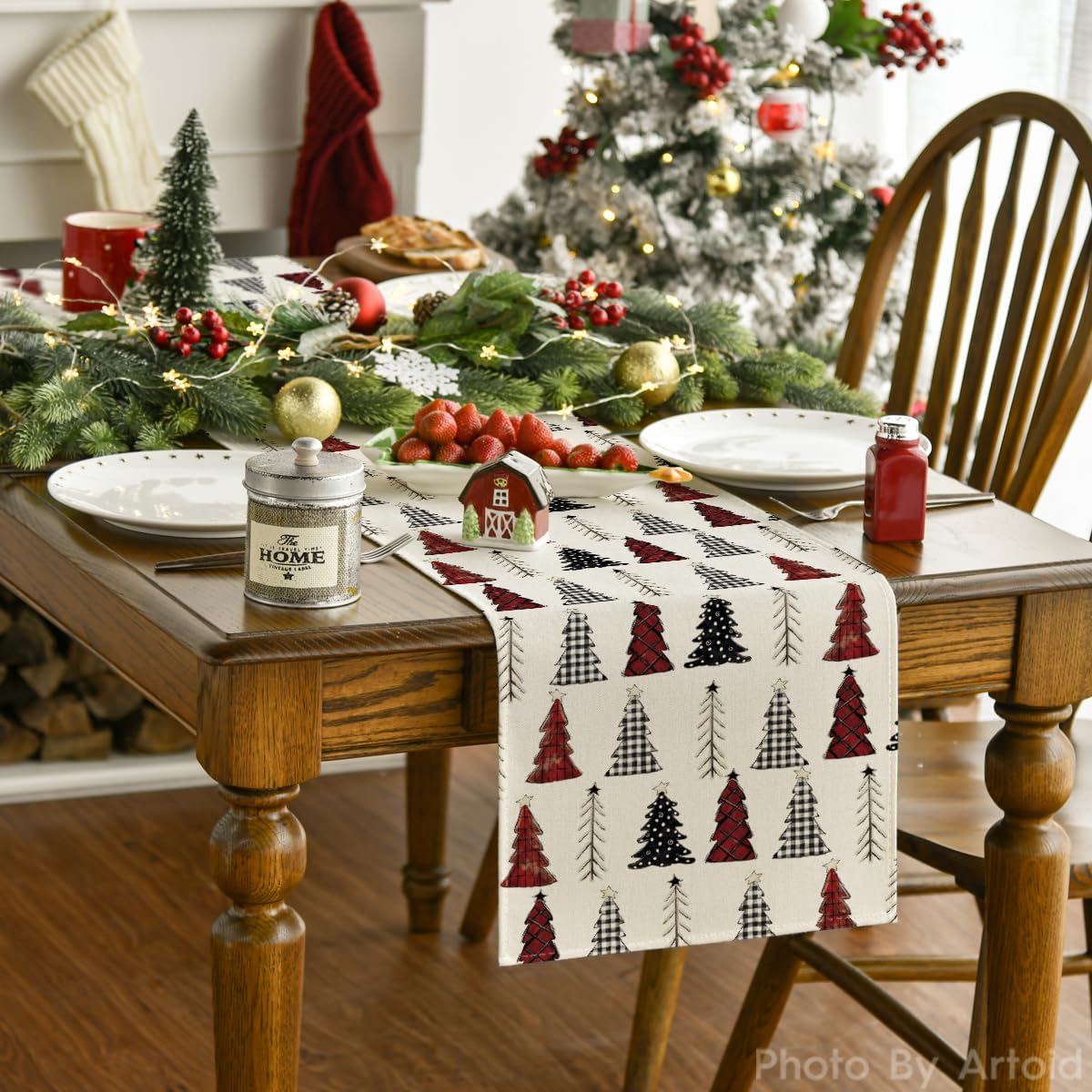 Artoid Mode Camino de mesa de árbol de Navidad, decoración de mesa de comedor de cocina de invierno de temporada para decoración de fiesta del