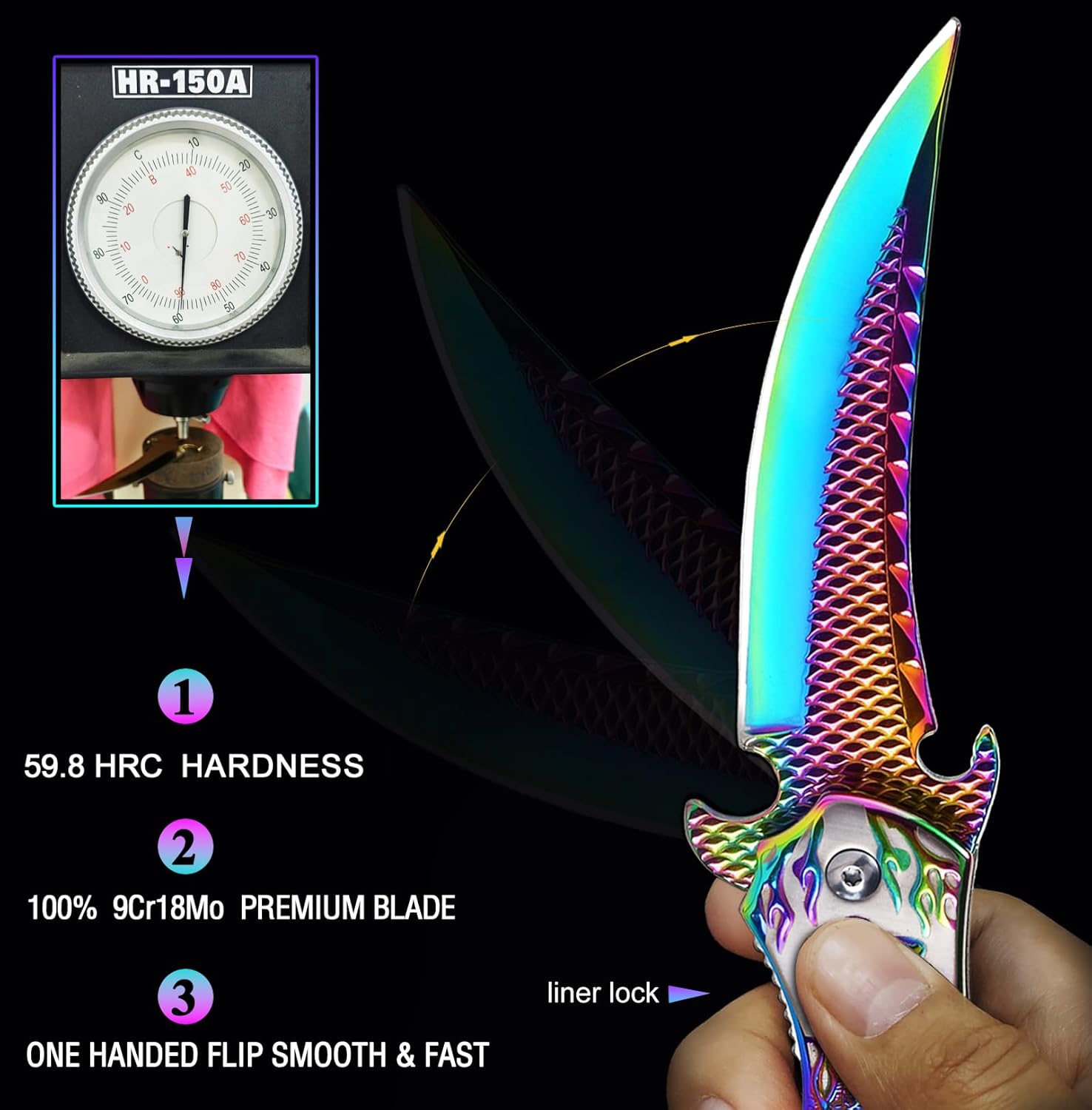 Cuchillo de bolsillo, 9Cr18Mo BLADE Cuchillo plegable de bolsillo con funda, genial cuchillo EDC de dragón 3D, gran cuchillo de bolsillo de regalo