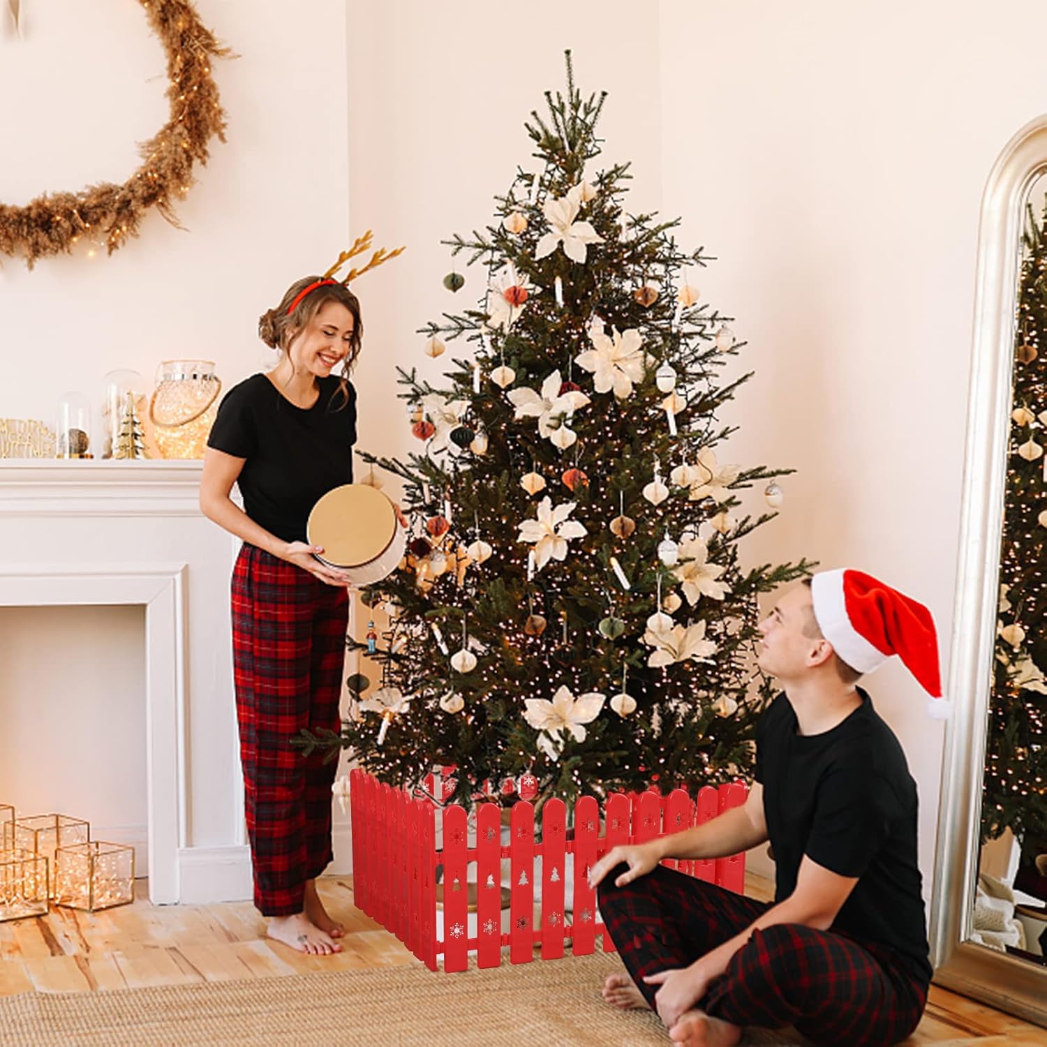 Decoración de cercas para árbol de Navidad, 24 piezas de valla de plástico rojo para puerta del árbol de Navidad, borde de valla de árbol de