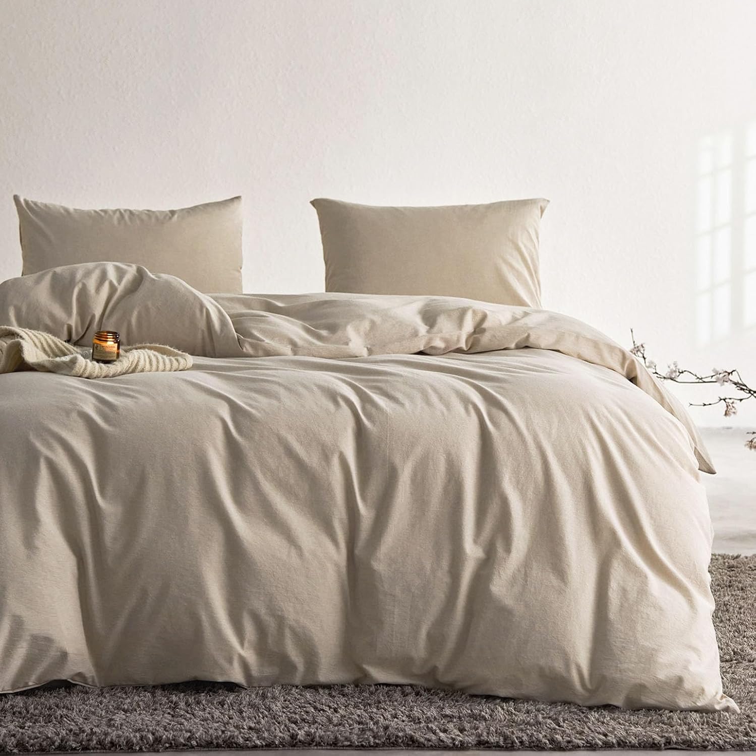 Wake In Cloud – Juego de funda de edredón color caqui, 100% hilo de algodón lavado teñido liso color avena, ropa de cama cómoda con cierre de