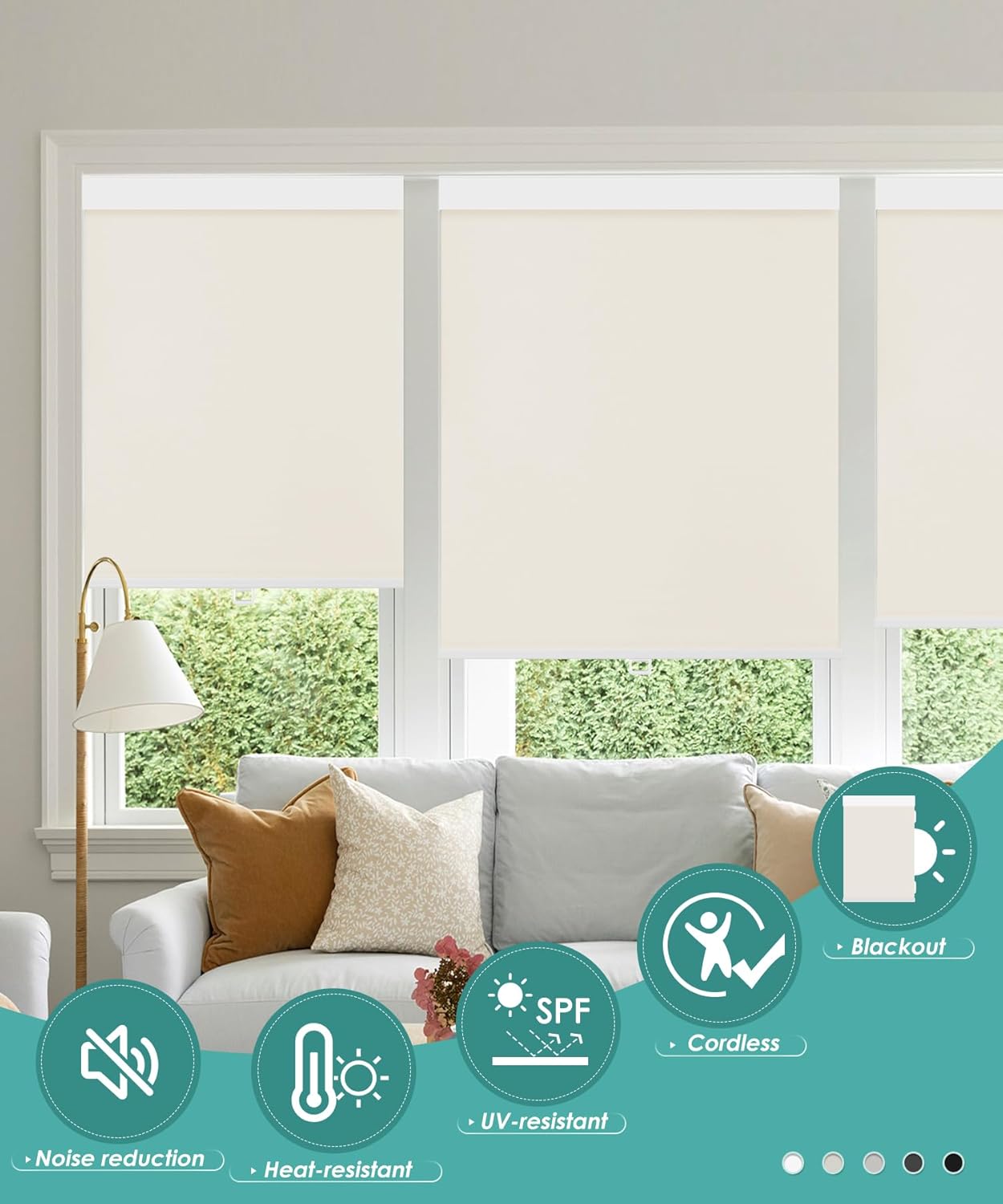 BlinDecor Persianas enrollables 100 % opacas para ventanas, sin cordón, con protección UV, persianas de puerta para hogar, beige, 27 x 72 pulgadas