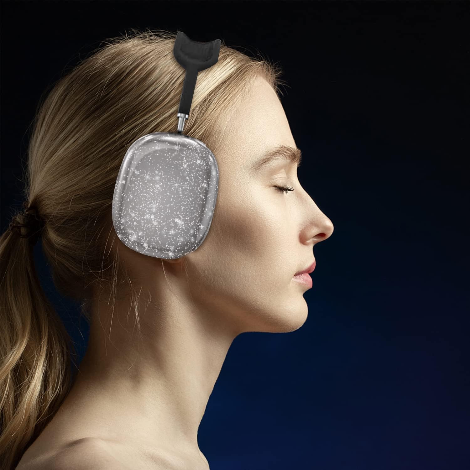 Aircawin Funda para AirPods Max, funda transparente con purpurina negra, funda transparente para Airpods Max, funda protectora de TPU suave,