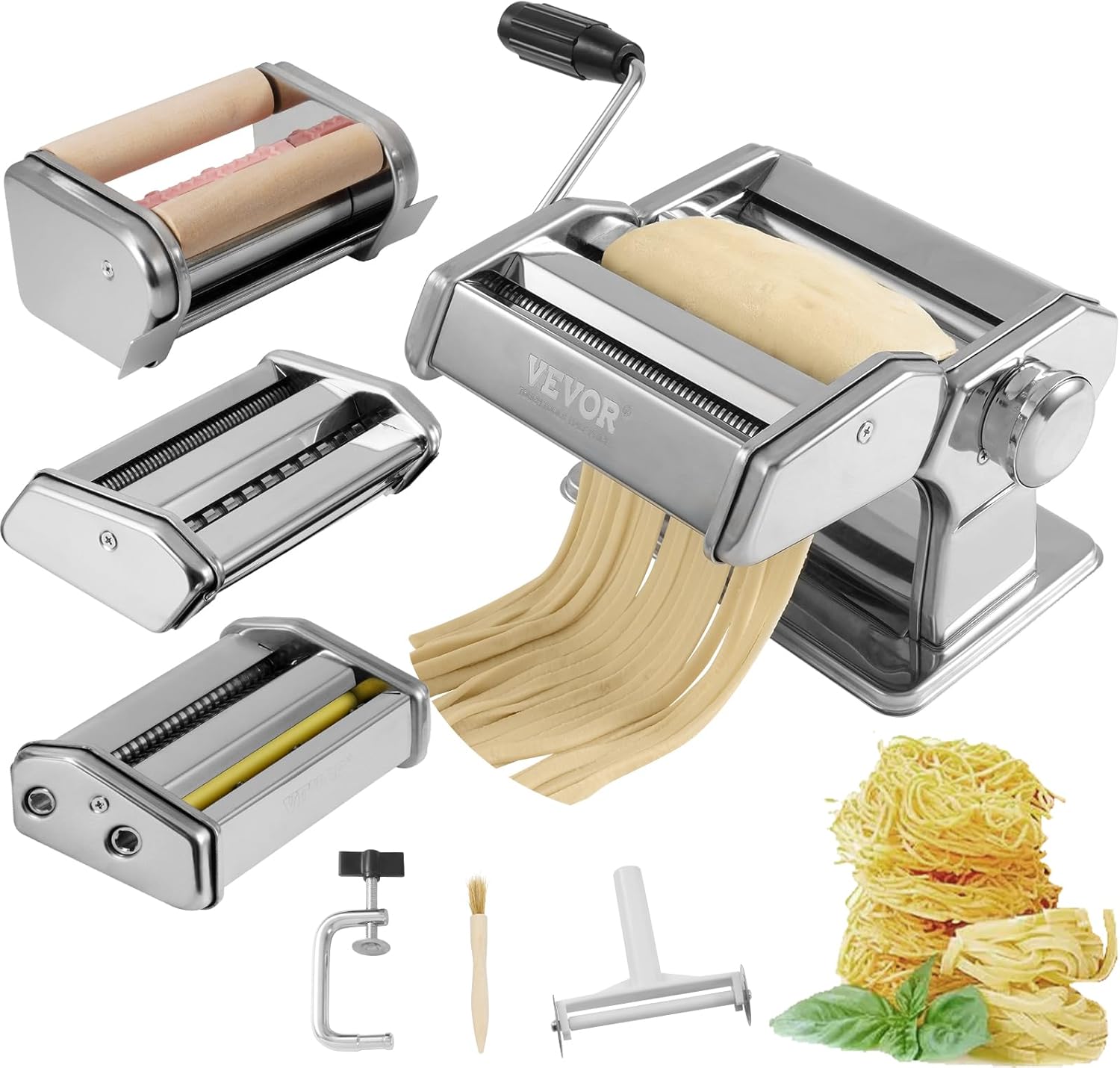 VEVOR Máquina para hacer pasta, 9 ajustes de grosor ajustable, 150 rodillos de pasta de acero inoxidable, máquina de pasta con 3 accesorios,