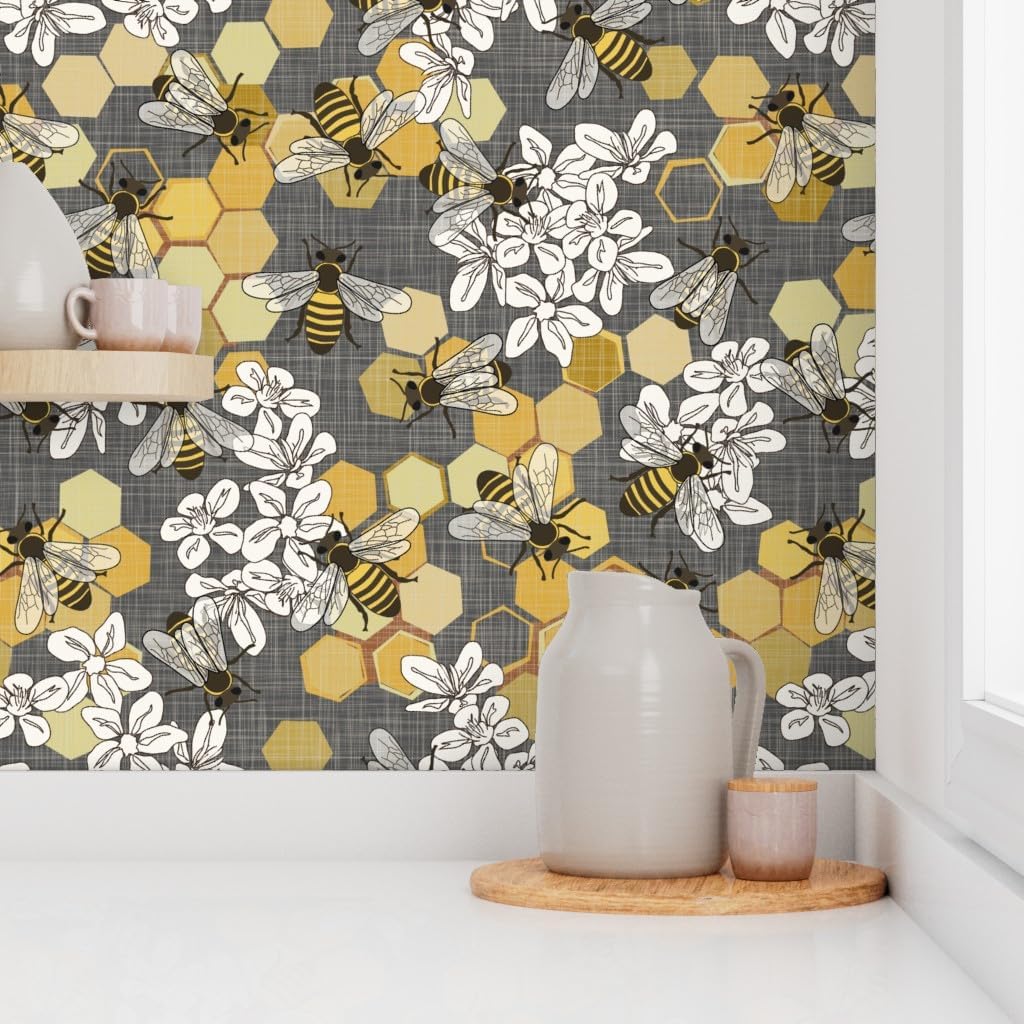 Spoonflower Papel tapiz autoadhesivo de 3 x 2 pies – Blanco Floral Naturaleza Insectos Amarillos Modernos Abejas Miel Gris Papel pintado extraíble