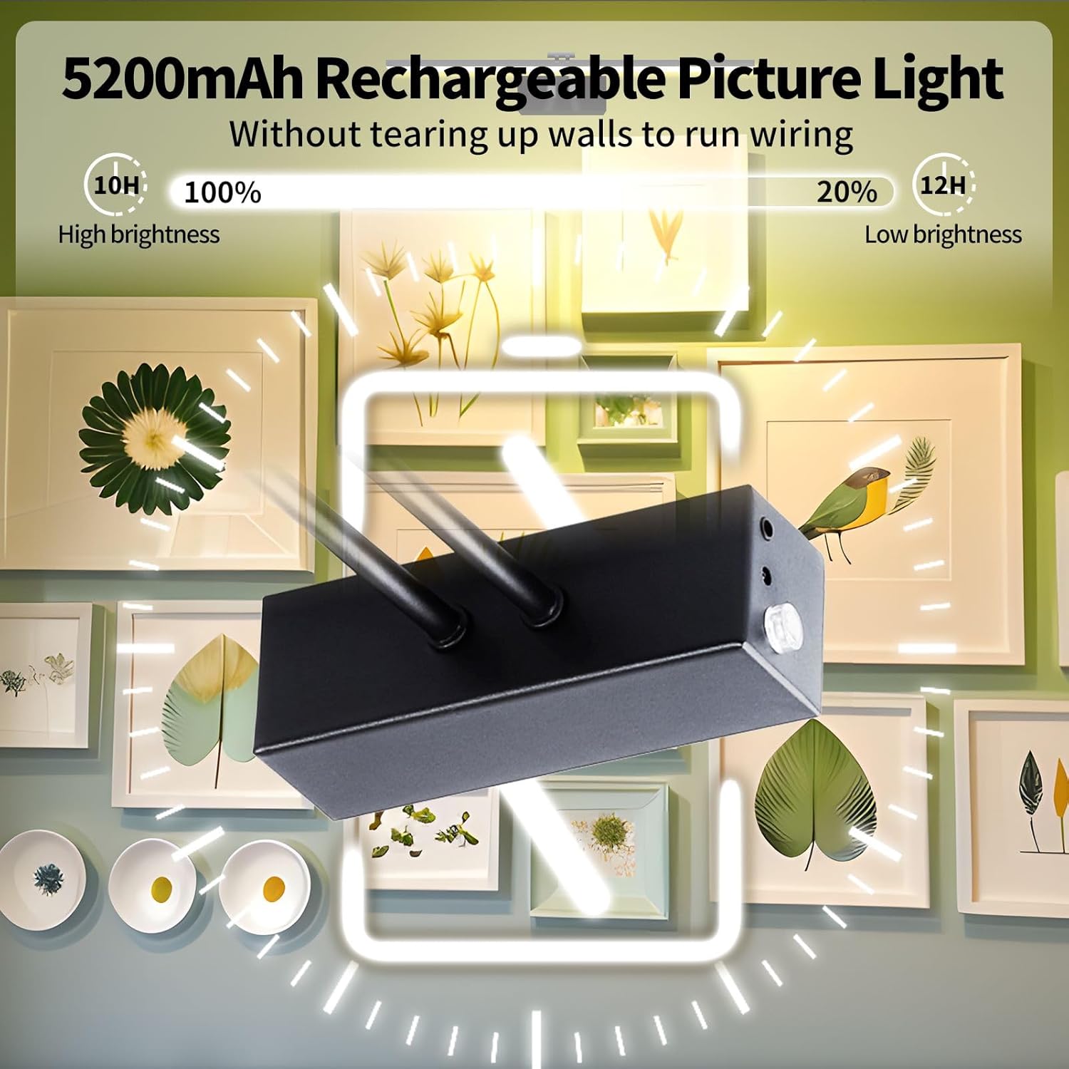 Luz de imagen de 5200 mAh, luces de imagen recargables para pared, luz de arte metálica regulable con temporizador para pinturas, luz de pintura