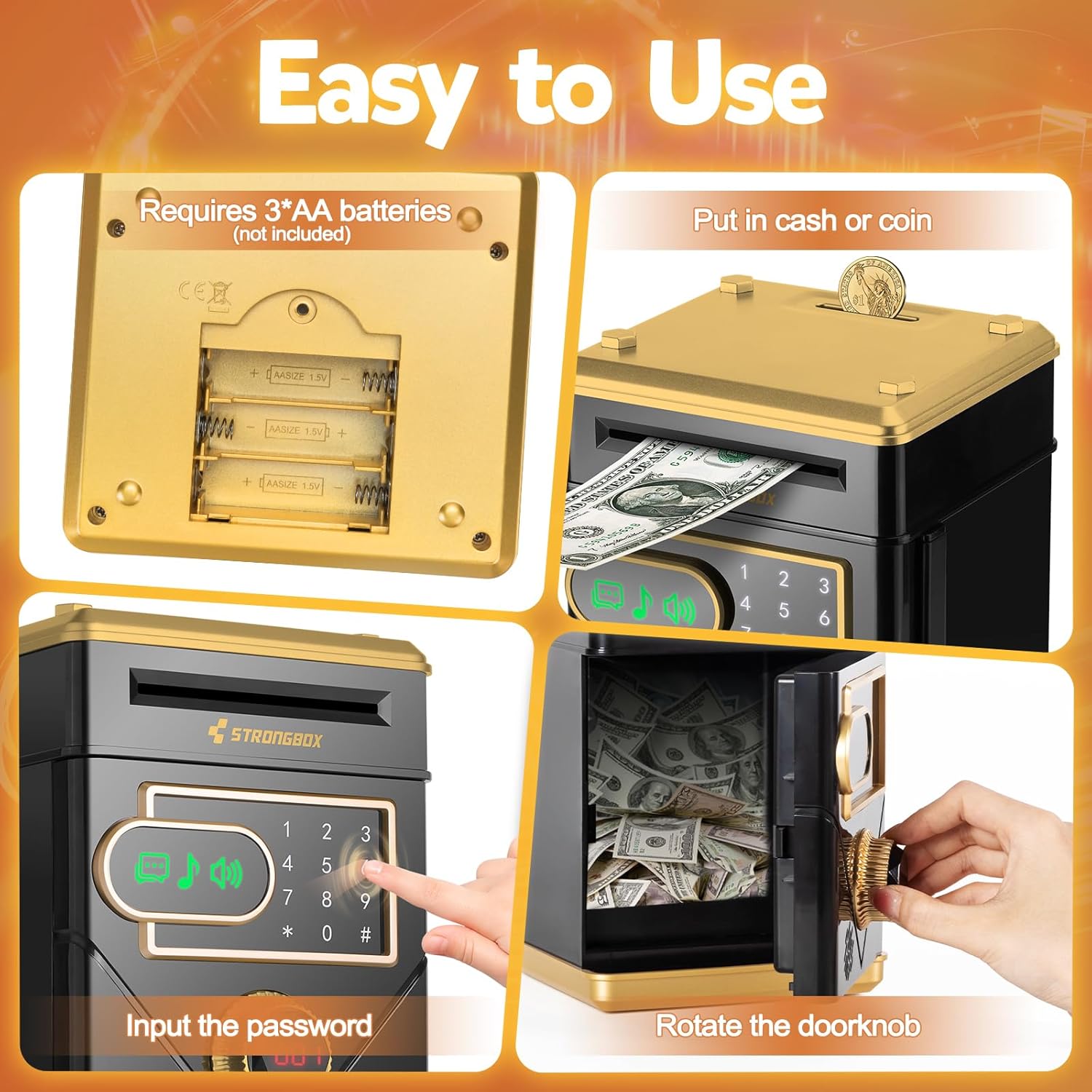 Refasy Alcancía electrónica, caja de dinero en efectivo para niños, caja de ahorro de dinero, cajero automático con música pantalla táctil, banco de