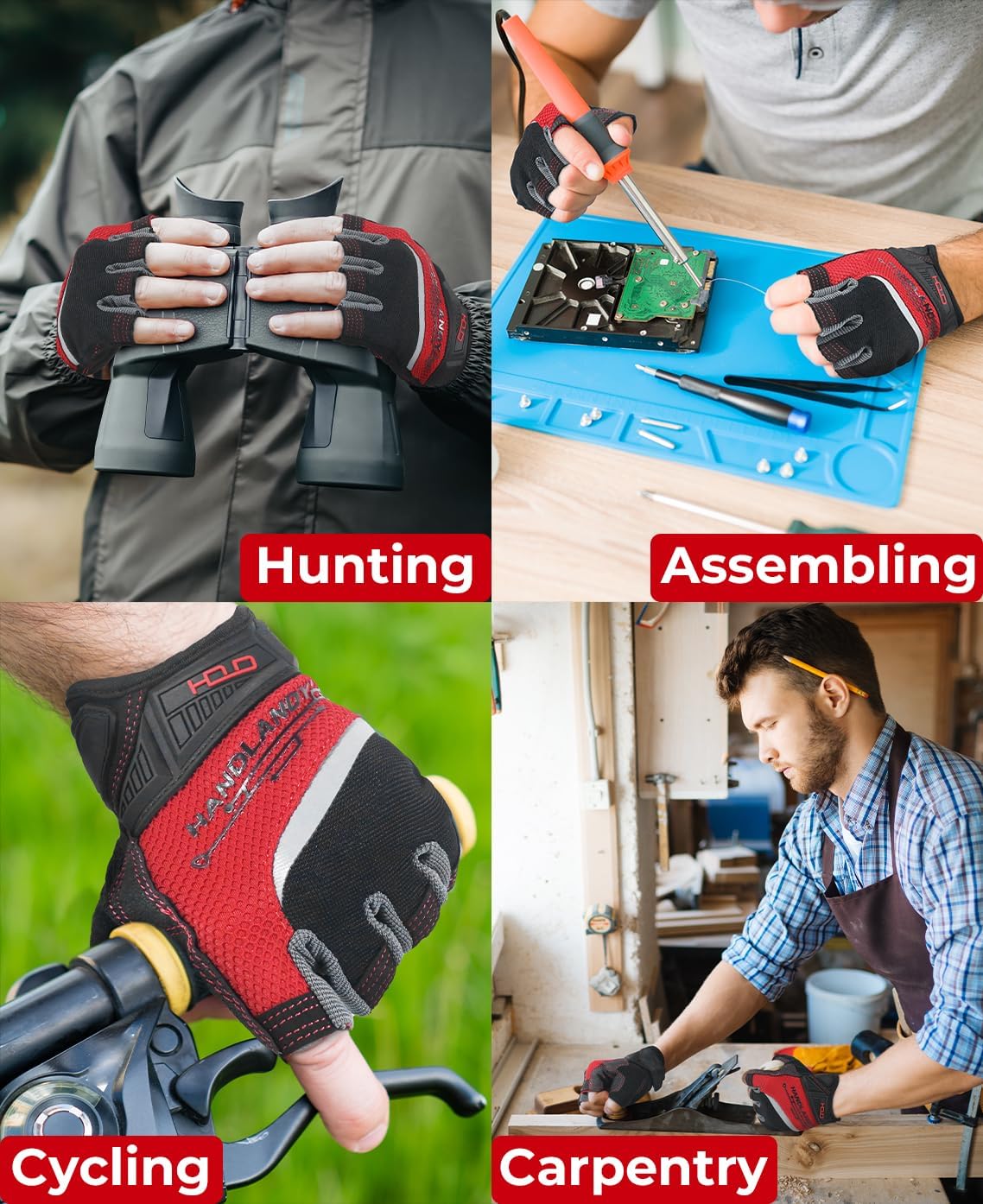 HANDLANDY Guantes de trabajo sin dedos para hombres, guantes de trabajo con agarre de medio dedo, absorben los golpes, transpirables, Uwrist TPR